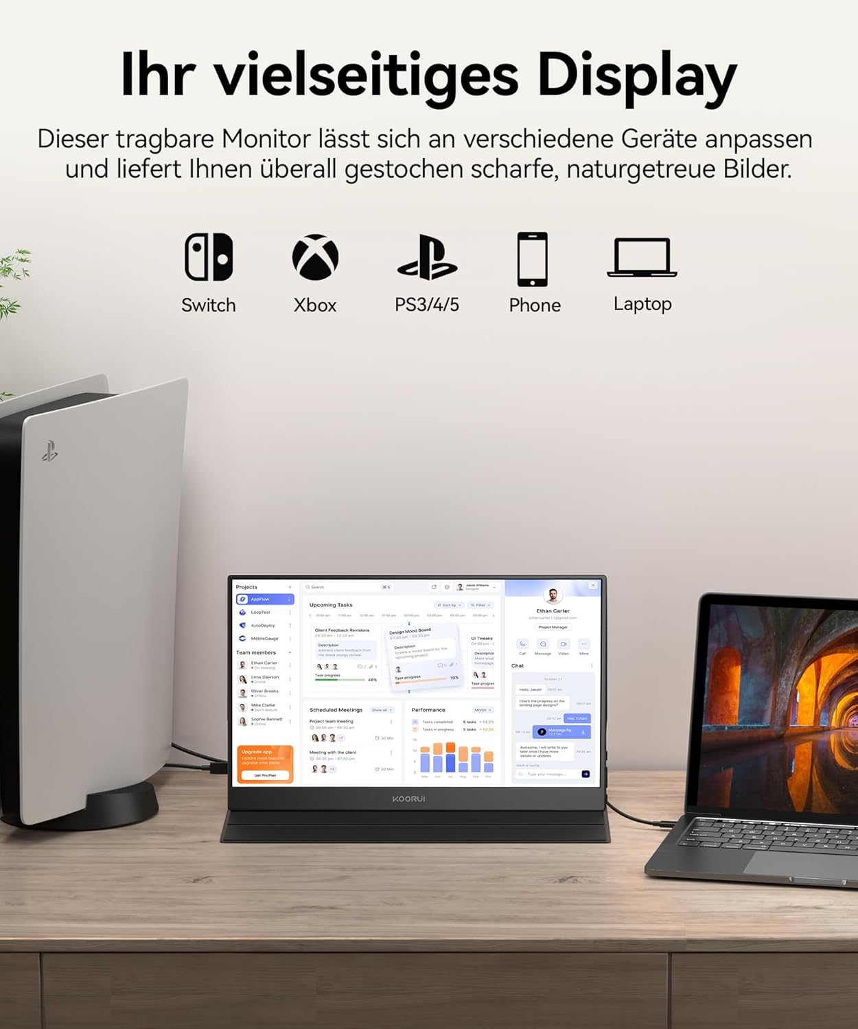 KOORUI 15,6 Zoll Portable Monitor, FHD IPS Tragbarer Monitor HDMI/Type-C/USB-C, Eye Care Bildschirm für PC, Laptop, Xbox,Mac, PS 3/4/5-E1511A