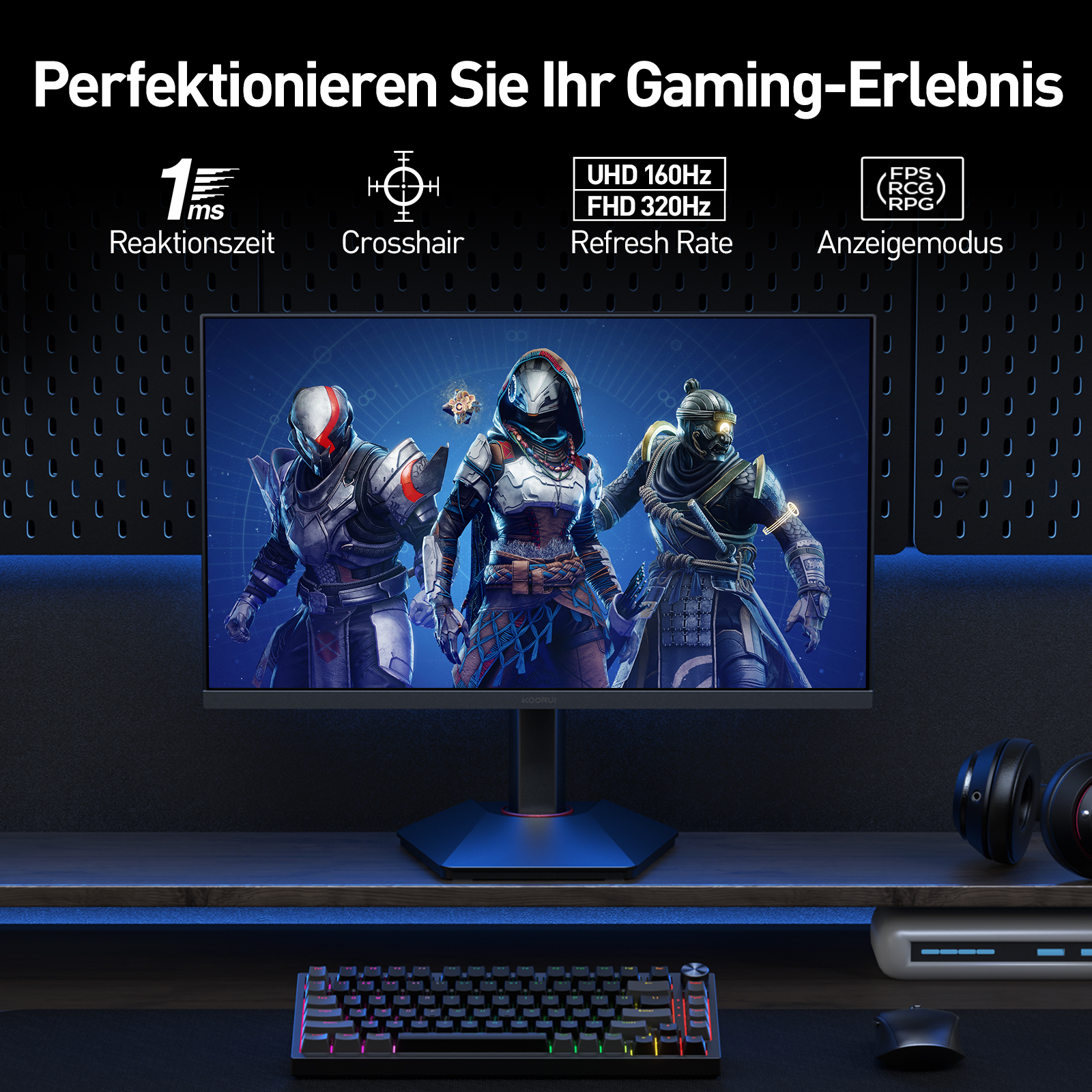 KOORUI G2741L Gaming Monitor 27 Zoll, Dual-Modus 4K UHD 3840x2160 at 160Hz und FHD at 320Hz PC Bildschirm, Fast IPS 1ms HDR 400, 2xHDMI 2.1&DP1.4