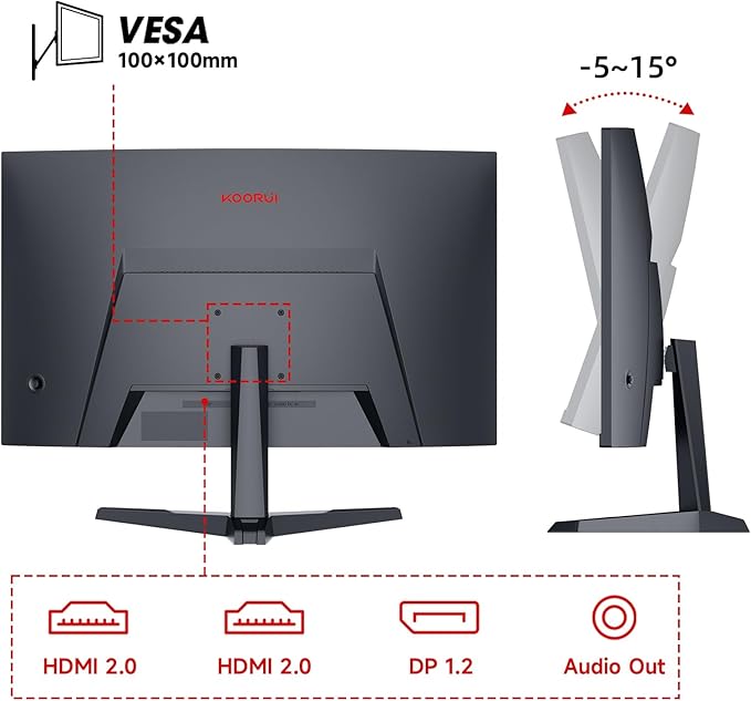KOORUI 24" Curved Gaming Monitor FHD 1080P 180Hz,1ms, 1500R Krümmung Ultradünnes Design, HDMI/DP, 100x100mm VESA-Montage, Neigungsverstellbarer Bildschirm