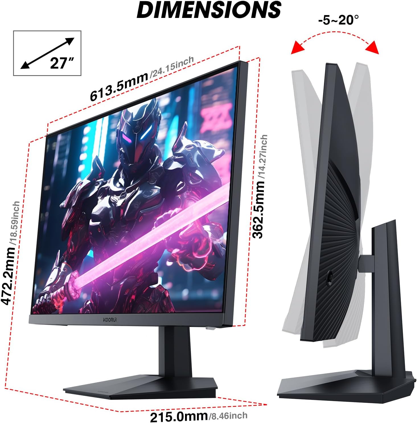 KOORUI 27 Inch QHD Gaming Monitor, PC Screen 170Hz, 1ms, Adaptive Sync (2560 x 1440p, DCI-P3 90%, SRGB 100%, HDR 10, HDMI, DisplayPort, VESA 75x75)