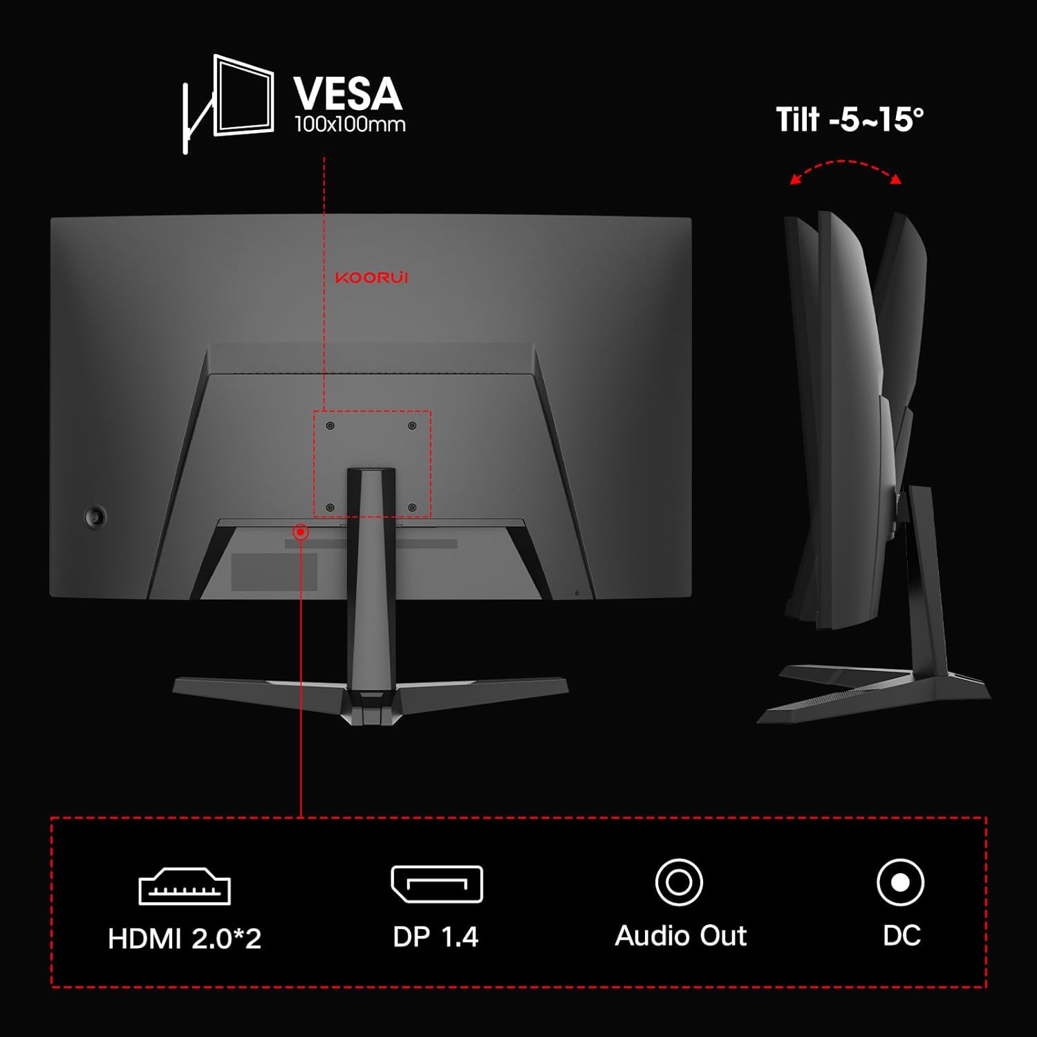 KOORUI Gaming Monitor 27 Zoll, 1500R Fläche Bildschirm 2560X1440 (QHD), 180HZ 1ms Mornitor, DCI-P3 85%, Ultradünne Blende, Einstellbare Neigung, Unterstützt HDMI/DP