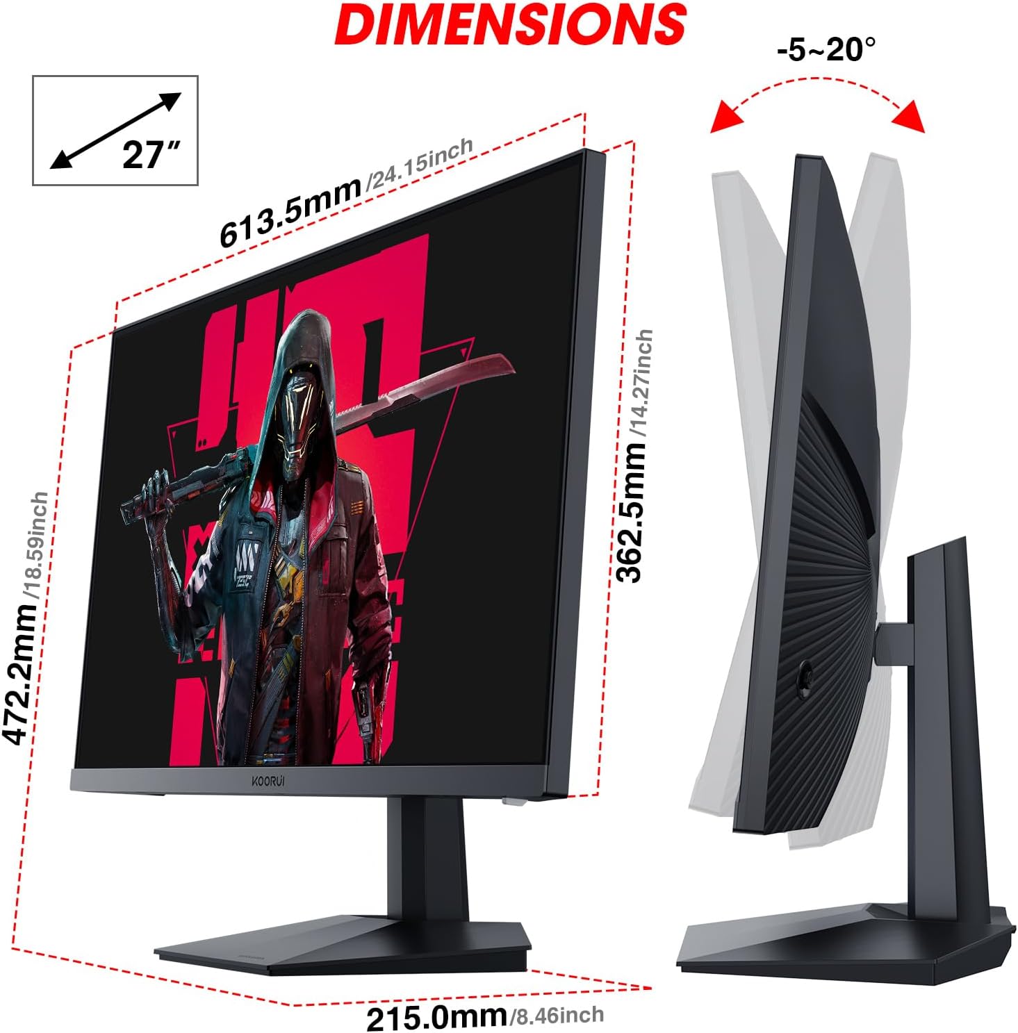 KOORUI Gaming Monitor 27 Inches, 165Hz, FHD (1920 x 1080), IPS, 1ms GTG, Adaptive Sync, 75 x 75 mm VESA Compatible, DCI-P3 90% (HDMI, DisplayPort) Black