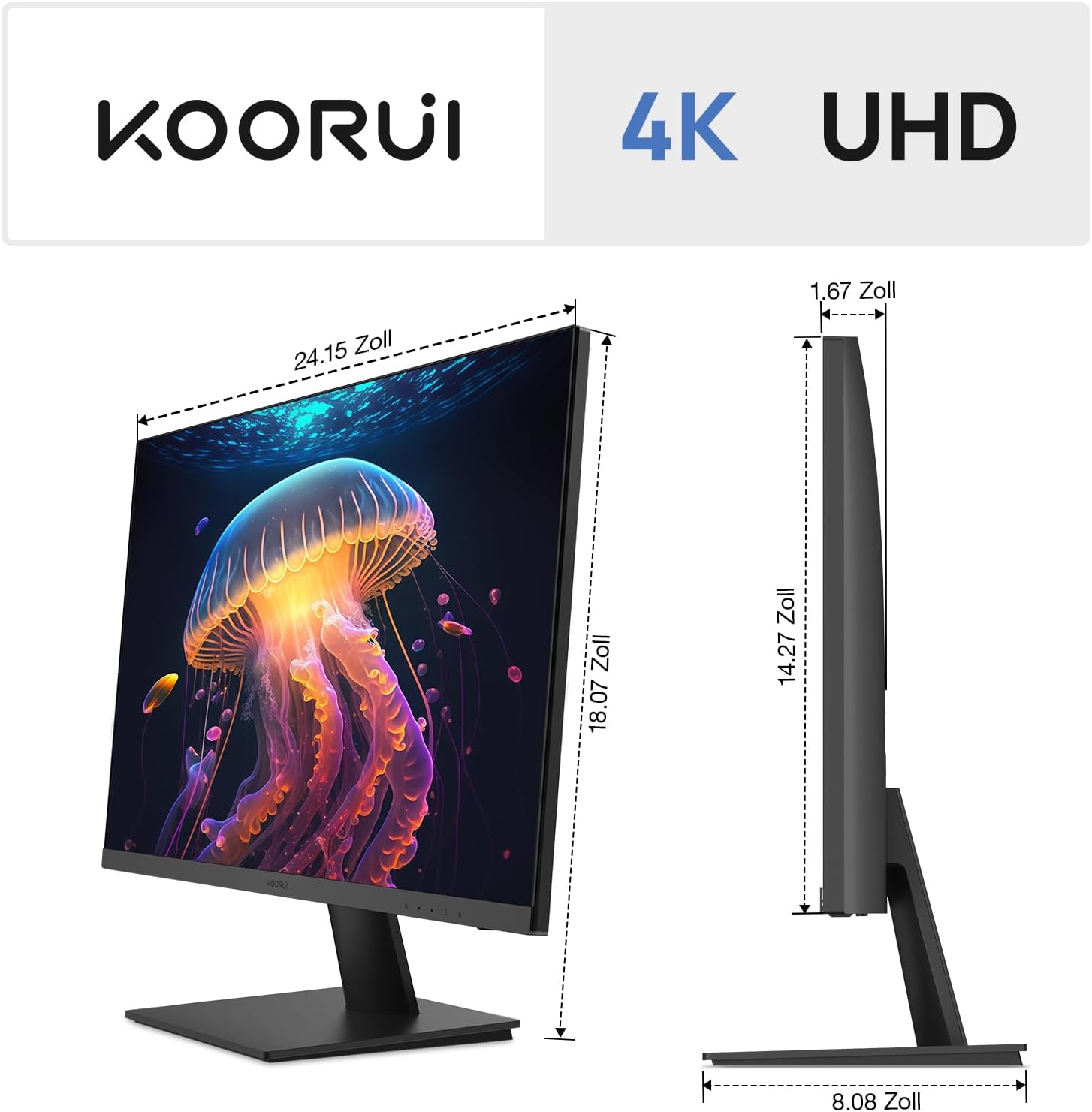 KOORUI Monitor 27 Zoll, 4K PC Bildschirm UHD(3840x2160), IPS, 4ms, 60Hz, 2X HDMI 2.0 & DisplayPort 1.4, Adpitive Sync, HDR10, VESA 100x100mm, 90% DCI-P3, Eye Care, N07