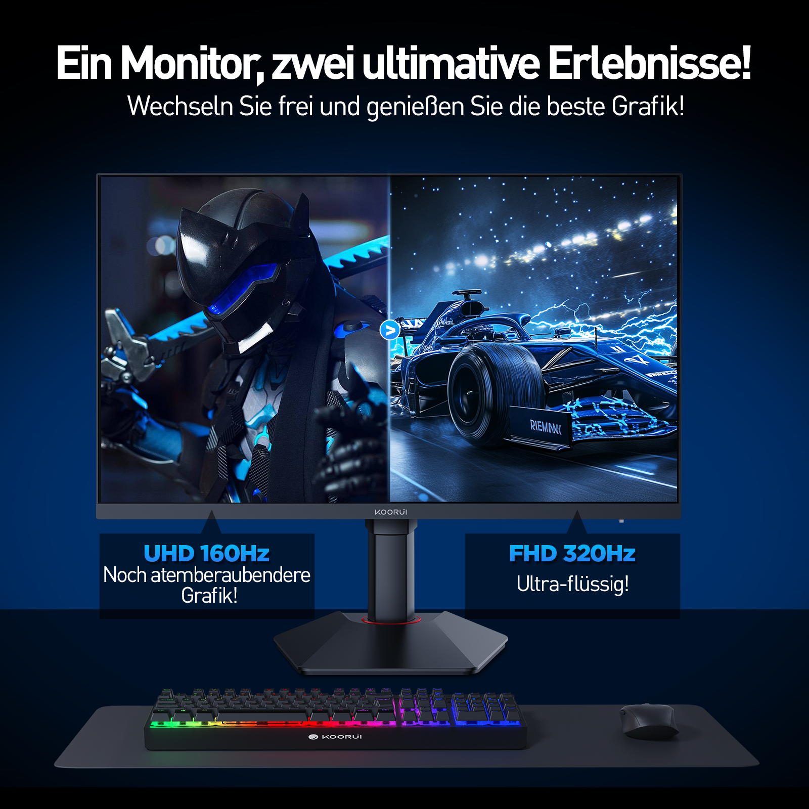 KOORUI G2741L Gaming Monitor 27 Zoll, Dual-Modus 4K UHD 3840x2160 at 160Hz und FHD at 320Hz PC Bildschirm, Fast IPS 1ms HDR 400, 2xHDMI 2.1&DP1.4