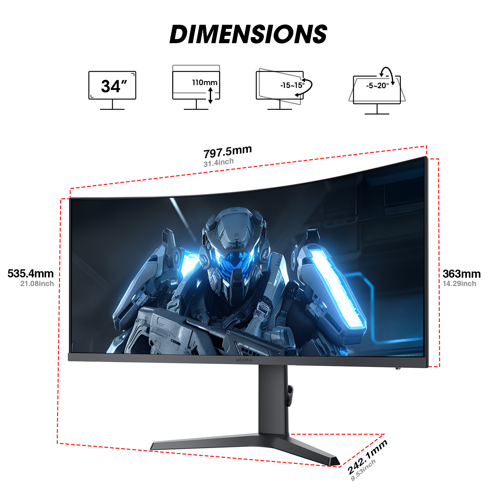 KOORUI 34 Zoll Ultrawide Curved Gaming Monitor, PC Bildschirm 165Hz, 1MS, 1000R, WQHD 3440x1440, VA, Adaptive Sync, 2xHDMI 100Hz & Display Port 165Hz, VESA 75 * 75mm, DCI-P3 90%, Höhenverstellbar