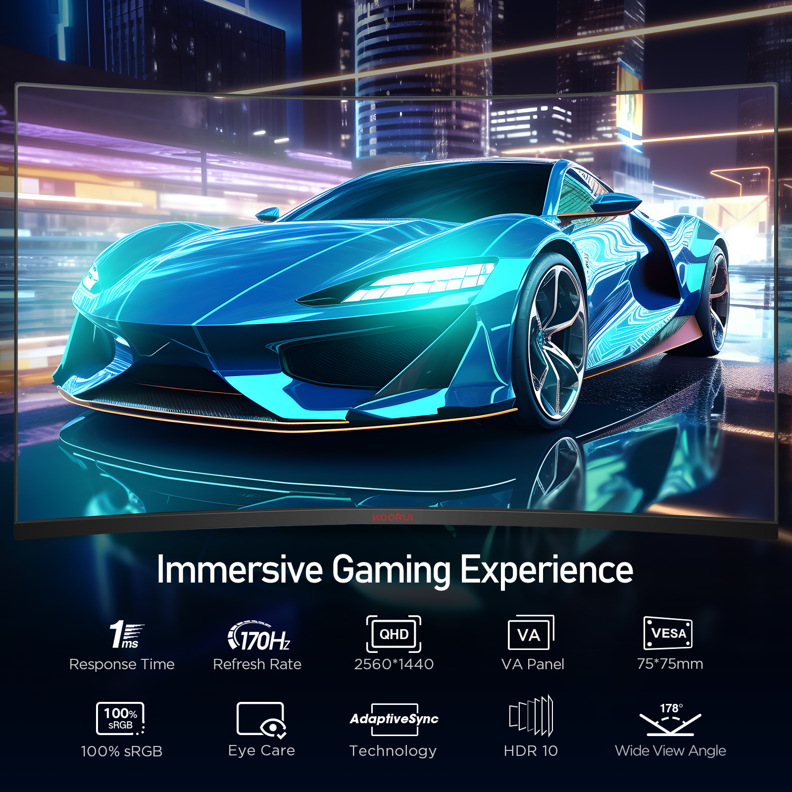 KOORUI Curved Gaming Monitor 32 Zoll, UltraWide QHD 2560x1440P 170Hz 1500R VA Panel Bildschirm, Adptivesync HDR 10 HDMI DisplayPort, Neigungsverstellbar, Augenpflege
