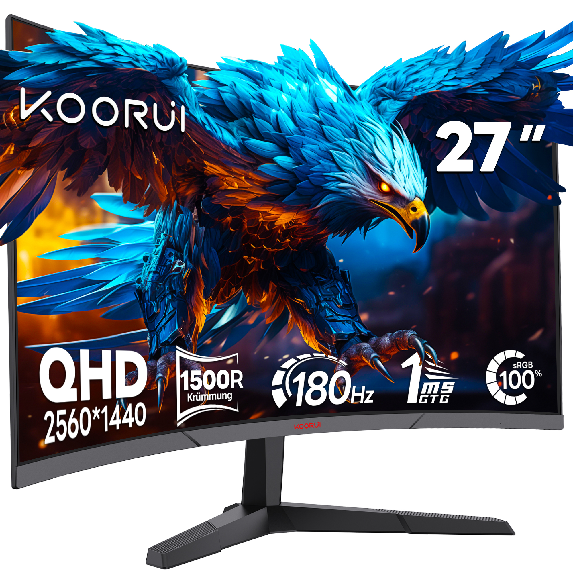 KOORUI 27 Zoll Bildschirm Gaming-Monitor WQHD Curved 180Hz 1ms (GTG) Display 1500R Curved Monitor 1ms Adaptive Sync HDR Neigungseinstellung 2 HDMI DP VESA Keine Lautsprecher