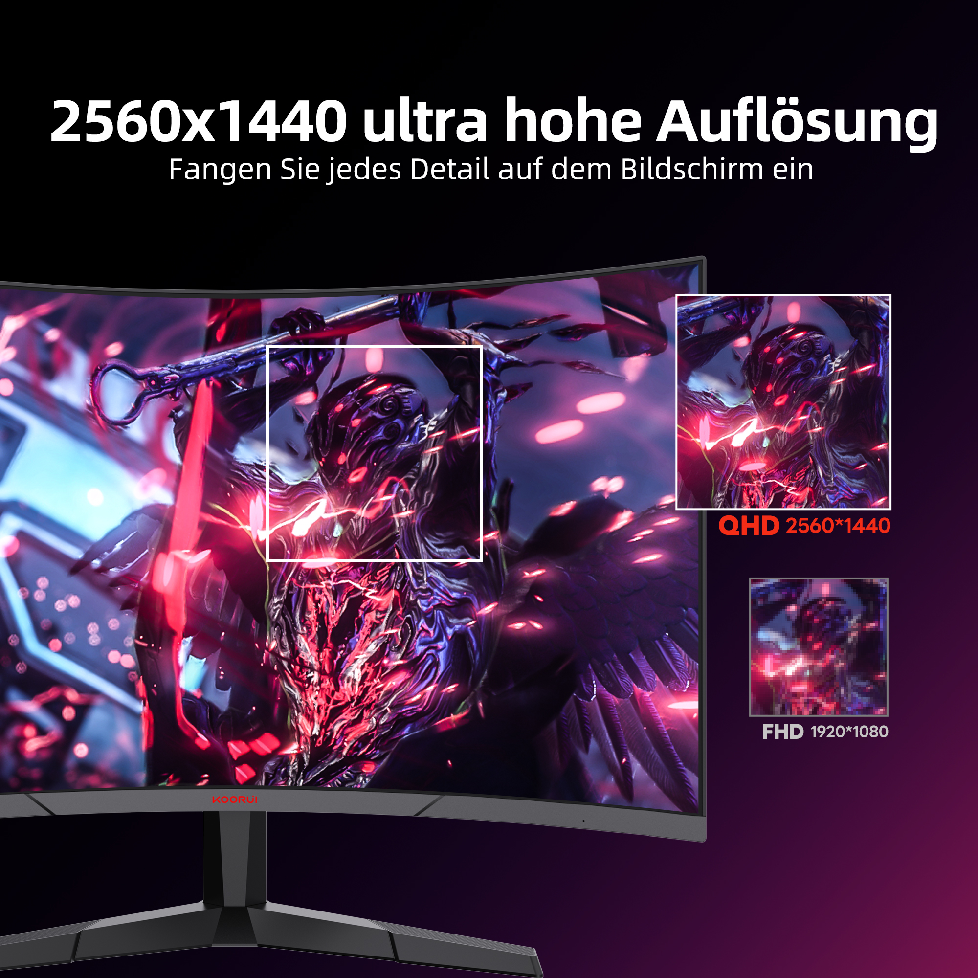 KOORUI 27 Zoll Bildschirm Gaming-Monitor WQHD Curved 180Hz 1ms (GTG) Display 1500R Curved Monitor 1ms Adaptive Sync HDR Neigungseinstellung 2 HDMI DP VESA Keine Lautsprecher