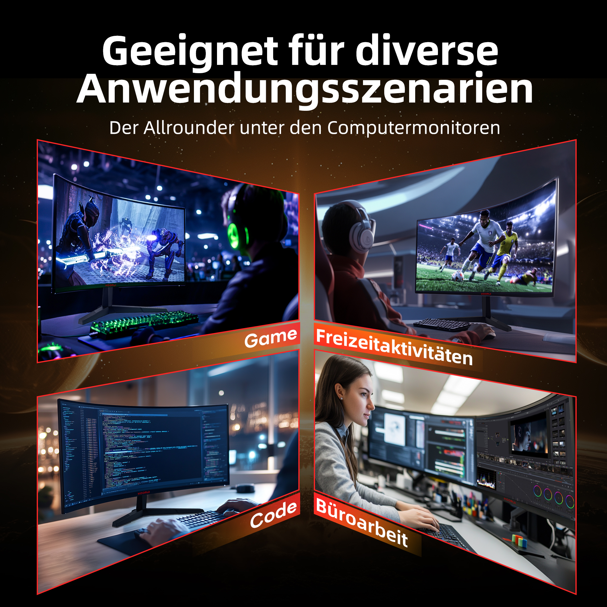 KOORUI 27 Zoll Bildschirm Gaming-Monitor WQHD Curved 180Hz 1ms (GTG) Display 1500R Curved Monitor 1ms Adaptive Sync HDR Neigungseinstellung 2 HDMI DP VESA Keine Lautsprecher