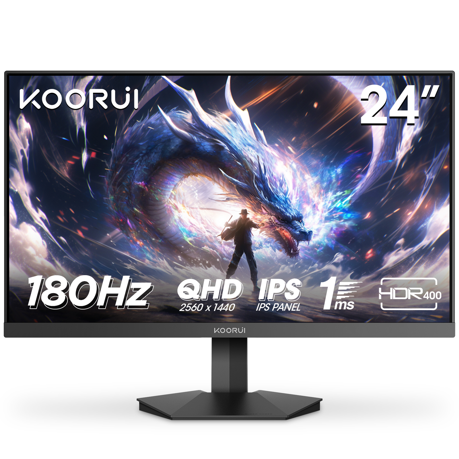 KOORUI G2421V 24 Zoll Gaming Monitor, 1ms 180Hz IPS QHD 2560x1440 PC Bildschirm, HDR400 Adaptive Sync HDMI2.0/DP1.4 VESA 75x75mm