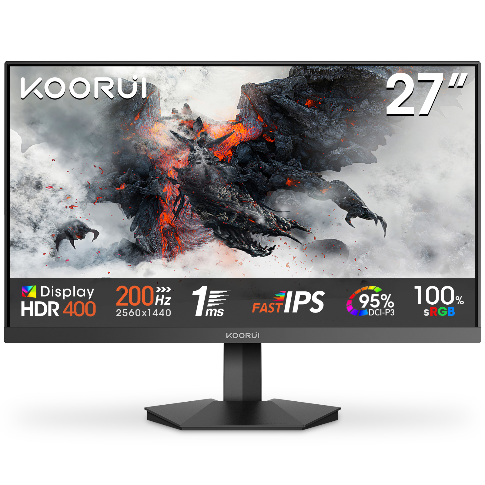 KOORUI G2721P 27 Zoll Gaming Monitor, QHD 2560x1440 Fast IPS 200Hz Bildschirm, 1ms GTG HDR400 Adaptive Sync HDMI/DP VESA 75x75mm
