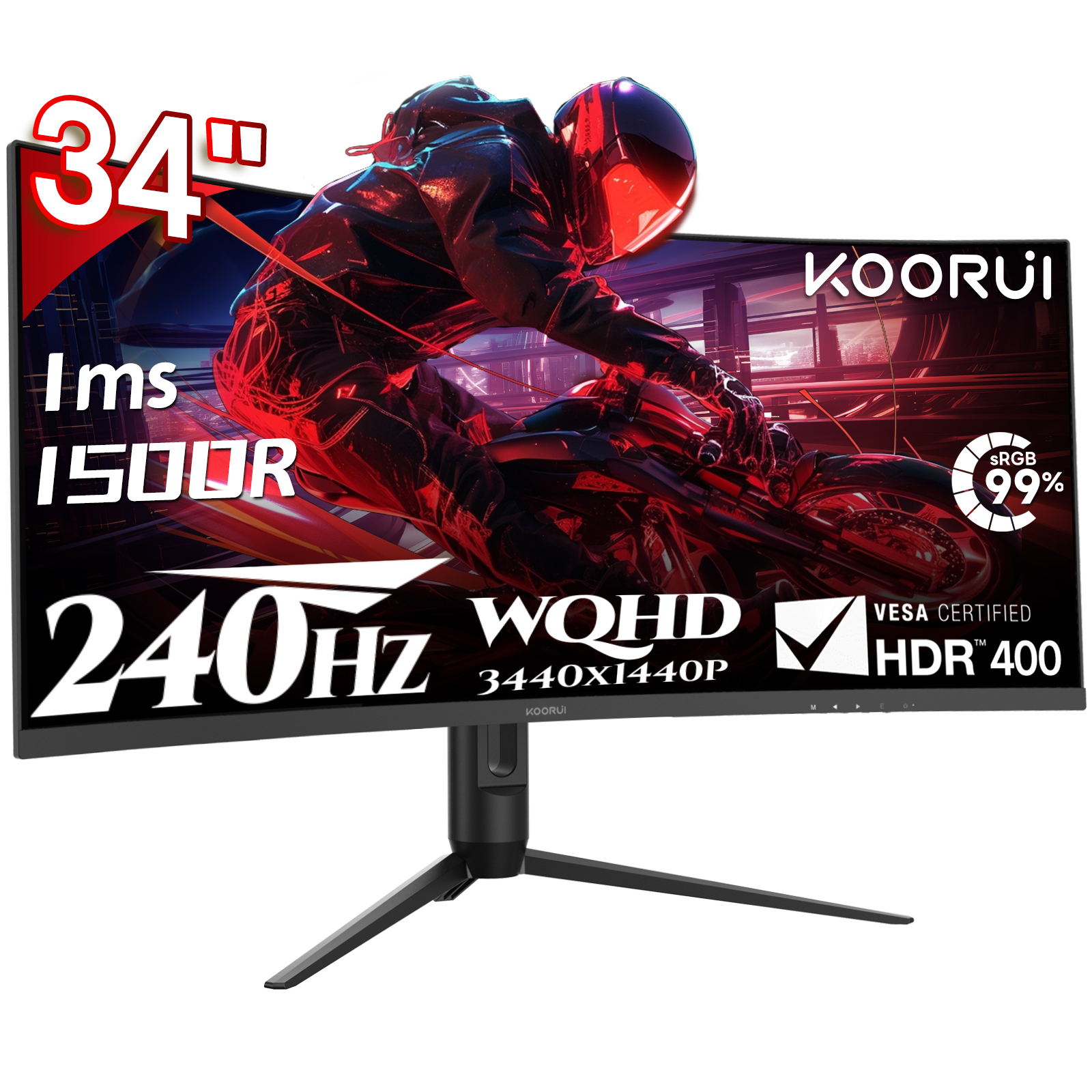 KOORUI 34-Zoll-Gaming-Monitor,240Hz PC Bildschirm,Curved 1500R,Adaptive Sync, Ultrawide WQHD (3440×1440), HDR400, höhenverstellbar (110 mm),Pip/PBP,Schwarz