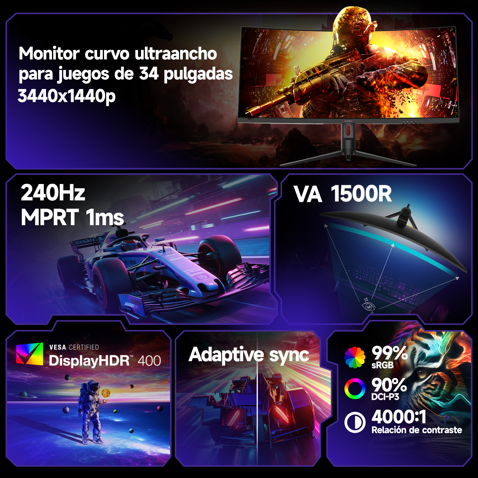 KOORUI Monitor para Juegos de 34 Pulgadas, Pantalla para PC a 240 Hz, Pantalla Curva 1500R, Adaptive Sync, resolución WQHD (3440×1440), HDR400, Ajustable en Altura (110 mm),Pip/PBP, Color Negro