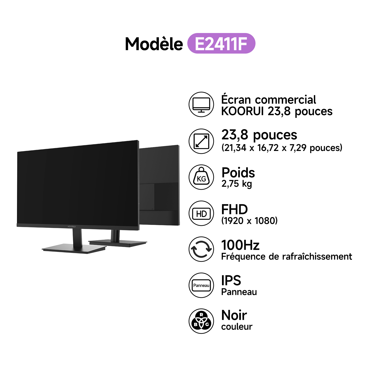KOORUI E2411F 23.8 Pouces Ecran PC,FHD 1920x1080 Monitor,100Hz Screen,IPS HDMI VGA Eye Care,VESA 100 x 100 mm