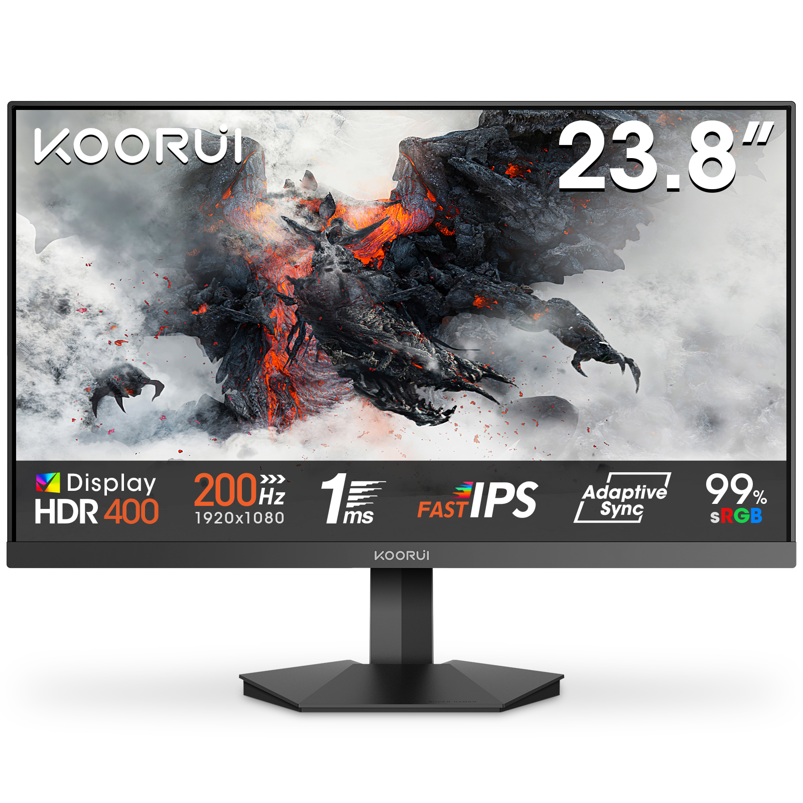 KOORUI Gaming Monitor 24 Zoll, 200Hz PC Bildschirm FHD 1920x1080 IPS HDR400, Adaptive Sync 1ms, HDMI 2.0 & DP 1.4, VESA 75x75 mm-G2411P
