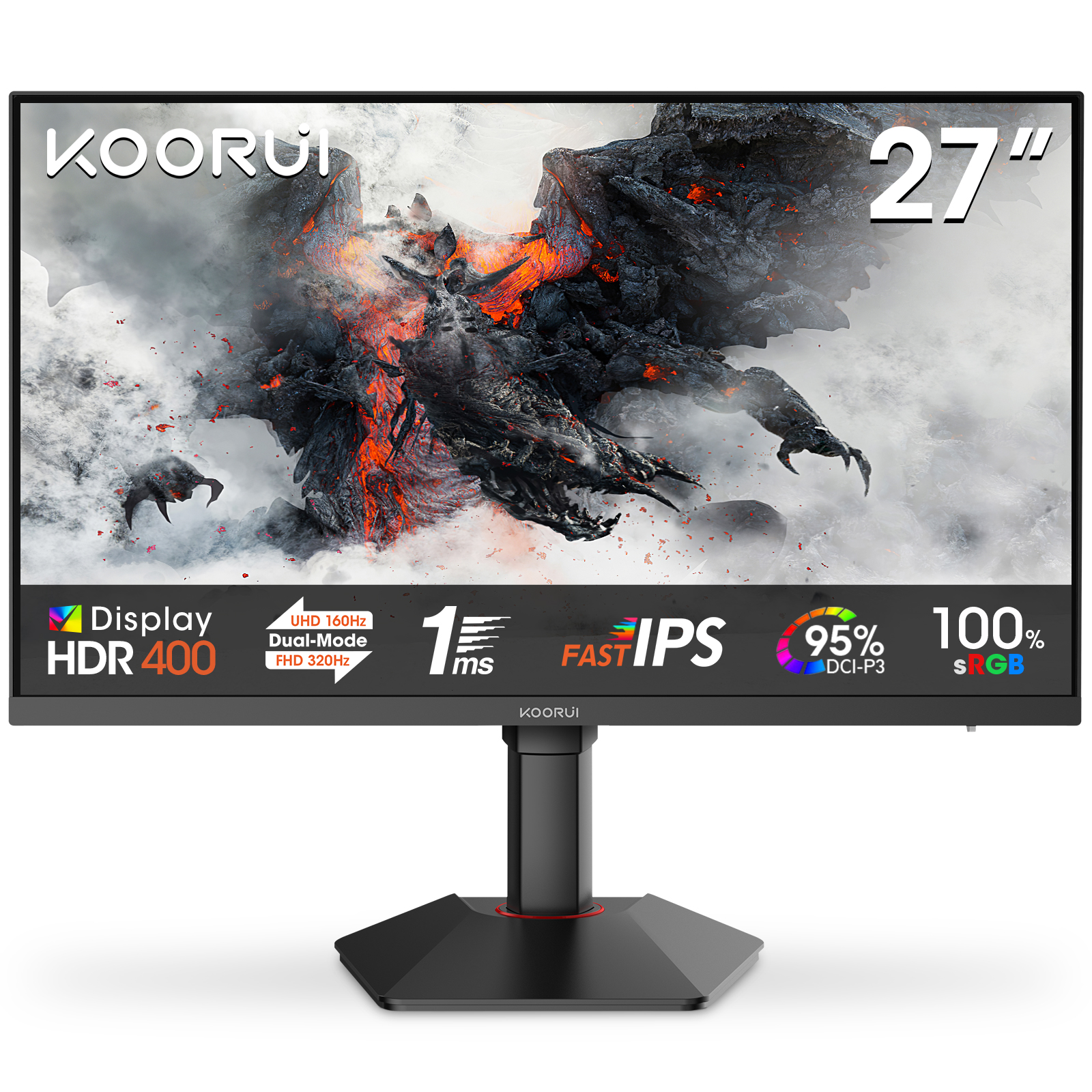 KOORUI G2741L Gaming Monitor 27 Zoll, Dual-Modus 4K UHD 3840x2160 at 160Hz und FHD at 320Hz PC Bildschirm, Fast IPS 1ms HDR 400, 2xHDMI 2.1&DP1.4