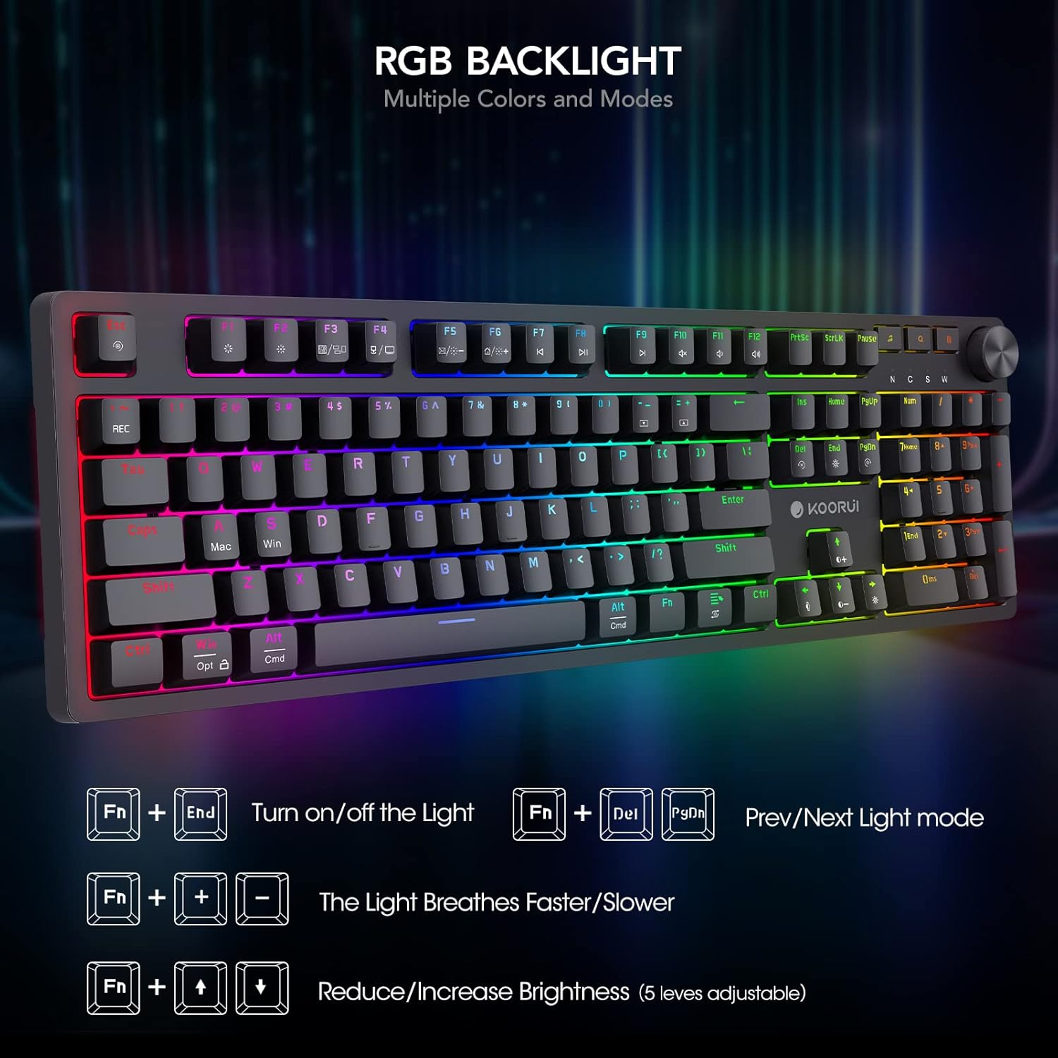 KOORUI Wired Gaming Keyboards with Brown Switch,Hot-Swap Mechanical Keyboard with Volume Knob, 26 RGB Backlit Light Up Keyboard, Full Keys Anti-Ghosting, Dual Color Injection Molded Keycaps for PC