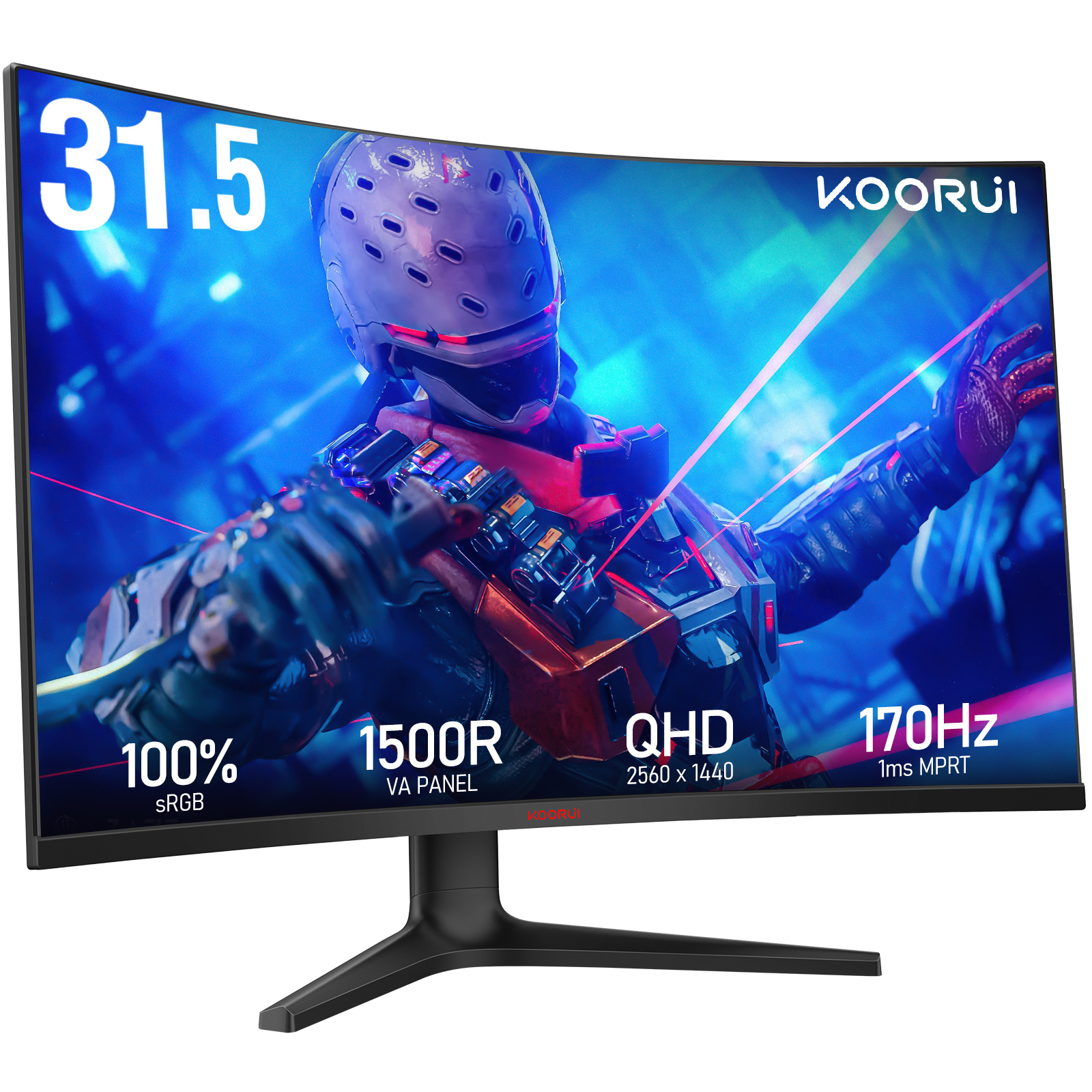 KOORUI 32 Inch Curved Ultrawide Gaming Monitor, 2K QHD (2560x1440), 170Hz, 1ms, 1500R, VA, HDR 10, 2xHDMI (170Hz or 144Hz), DP (170Hz), AdaptiveSync, DCI-P3 90%, SRGB100%, VESA 75x75mm, Eye Care