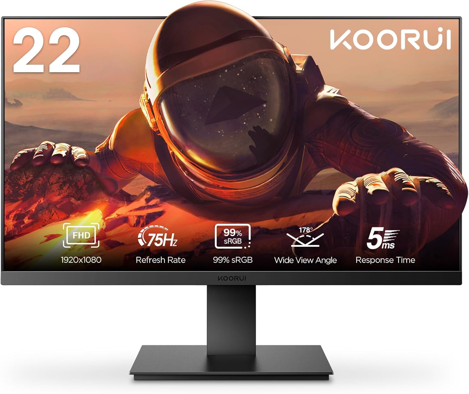 KOORUI 22 inch Business Computer Monitor, Desktop Gaming Monitor, FHD 1080p, 75 Hz, Eye Comfort, sRGB 99% Colour Circumference, (Ultra Thin Aperture, HDMI, VGA, Tilt, VESA 75 x 75), PC Screen, Black