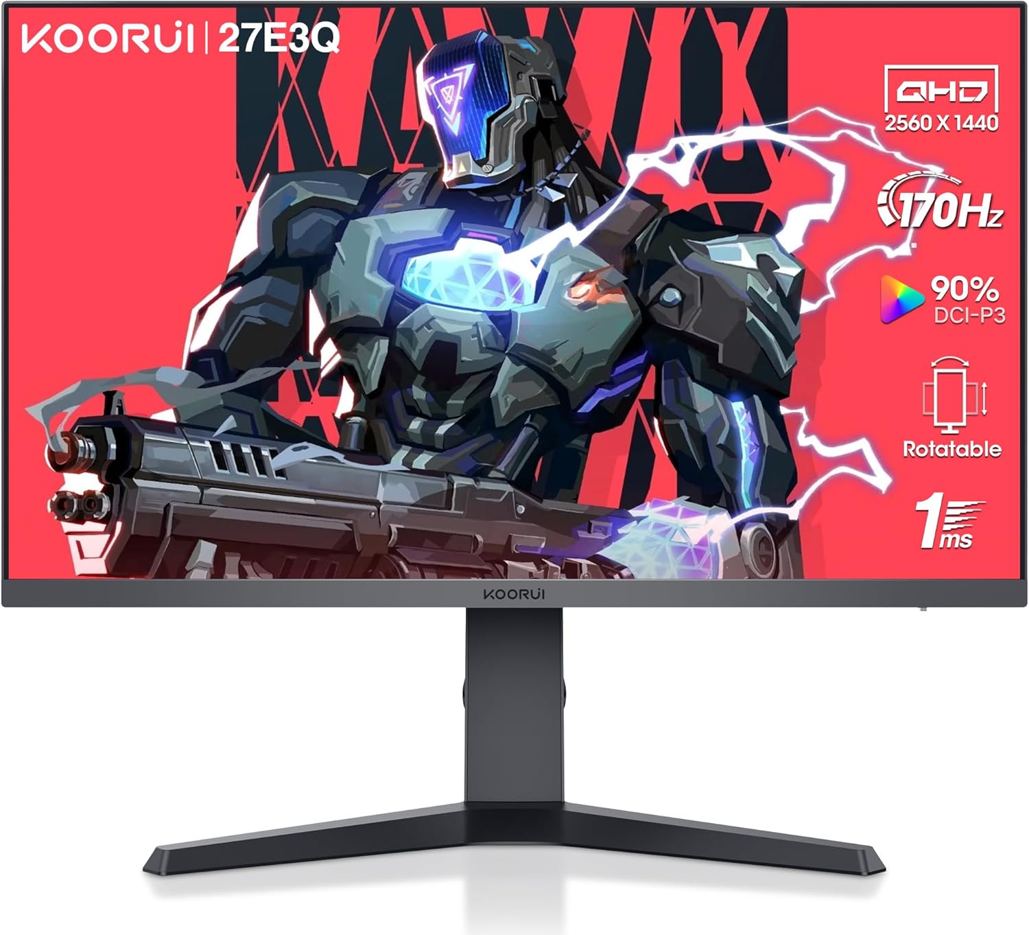 KOORUI Gaming Monitor 27 Inches, 170 Hz, IPS, 2K QHD (2560 x 1440p), HDR 400, 1ms, Adaptive Sync, DisplayPort, HDMI, 100% sRGB, Height Adjustable, Eye Care, VESA 75 x 75
