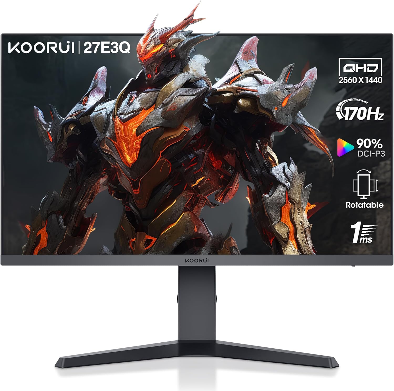 KOORUI Gaming Monitor 27 Inches, 170Hz, 1ms, 2K QHD (2560 x 1440), IPS, HDR 400, Adaptive Sync, 2xHDMI, DisplayPort, DCI-P3 90%, Height Adjustable, Eye Care, VESA 75 x 75