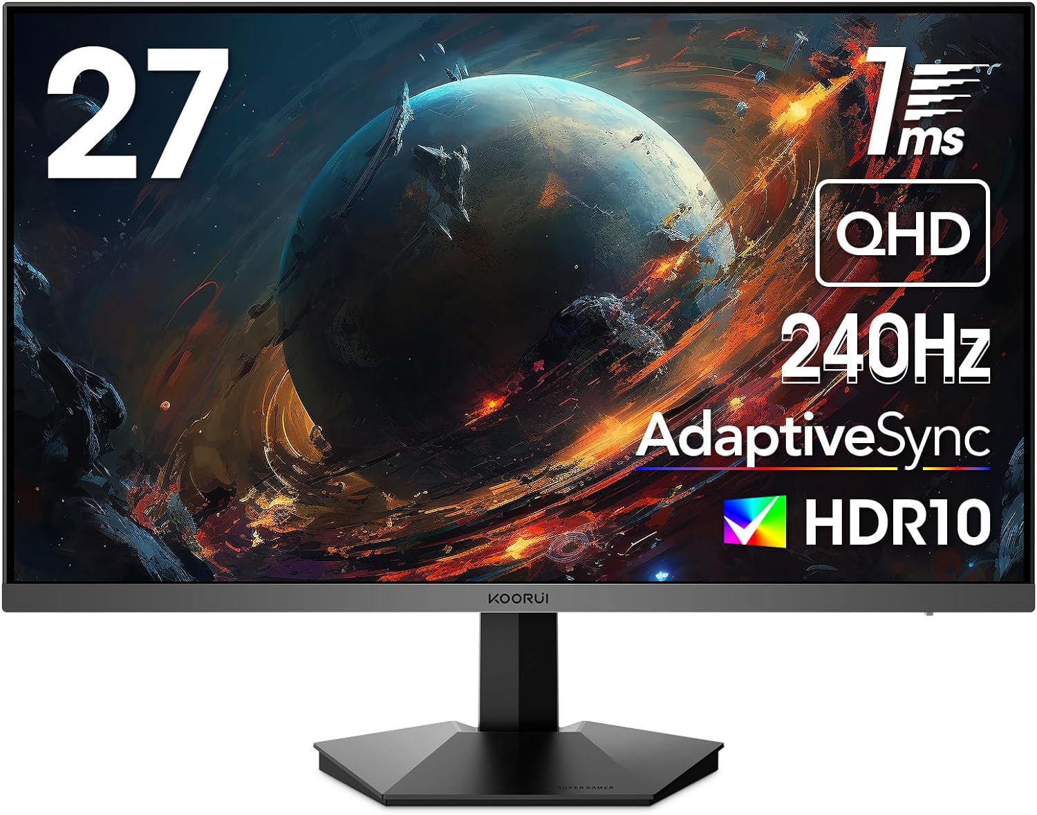 KOORUI 27 Inch Gaming Monitor, 2K QHD (2560 x 1440), 240 Hz, 1ms, Adaptive Sync, HDMI, DisplayPort, DCI-P3 90%, HDR10, 100% SRGB, VESA 75 x 75 mm, Black