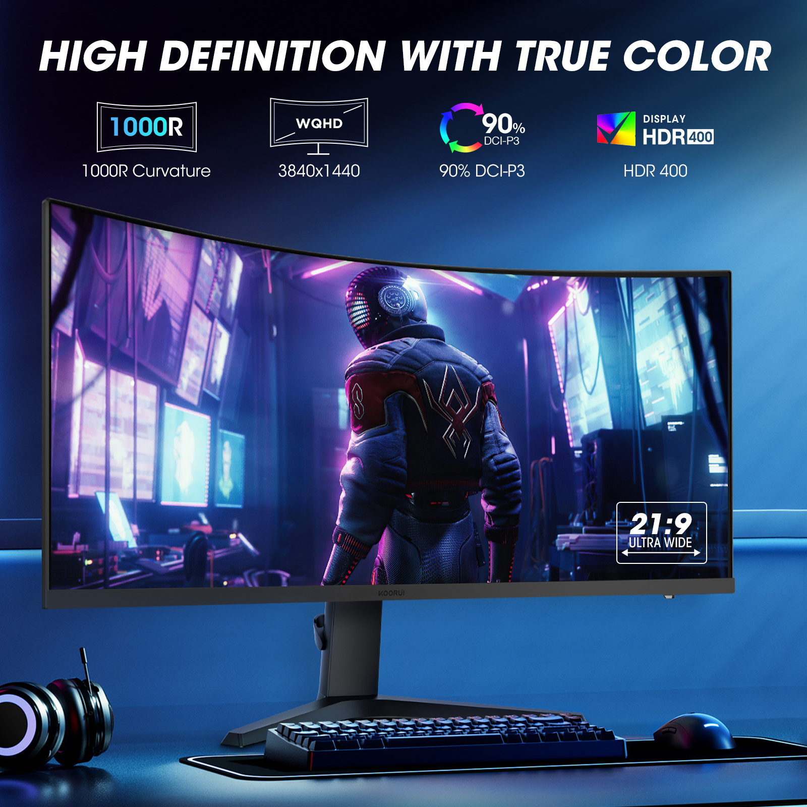 KOORUI 34 Inch Ultrawide Curved Gaming Monitor, 165Hz, WQHD 1440P, 1000R, MPRT 1MS, HDR 400, 2x HDMI 2.0, 1x DisplayPort 1.4, AdaptiveSync, Tilt/Height Adjustable, Black