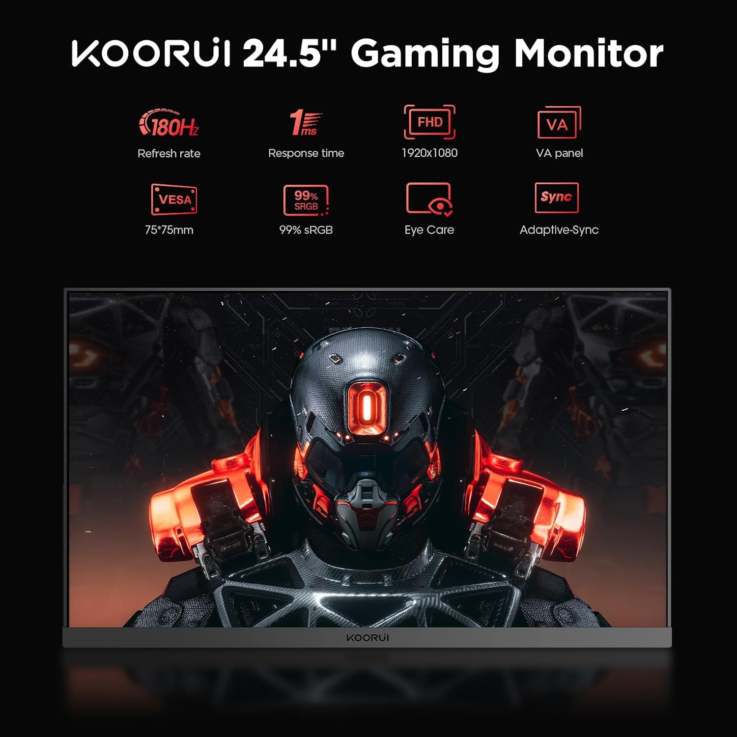 KOORUI Gaming Monitor 24.5 Inch 180 Hz Full HD Frameless Screen Adpitive Sync (1ms, VA Panel, Eye-Care, 1920 x 1080, HDMI 2.0 & DisplayPort 1.4, VESA 75 x 75)