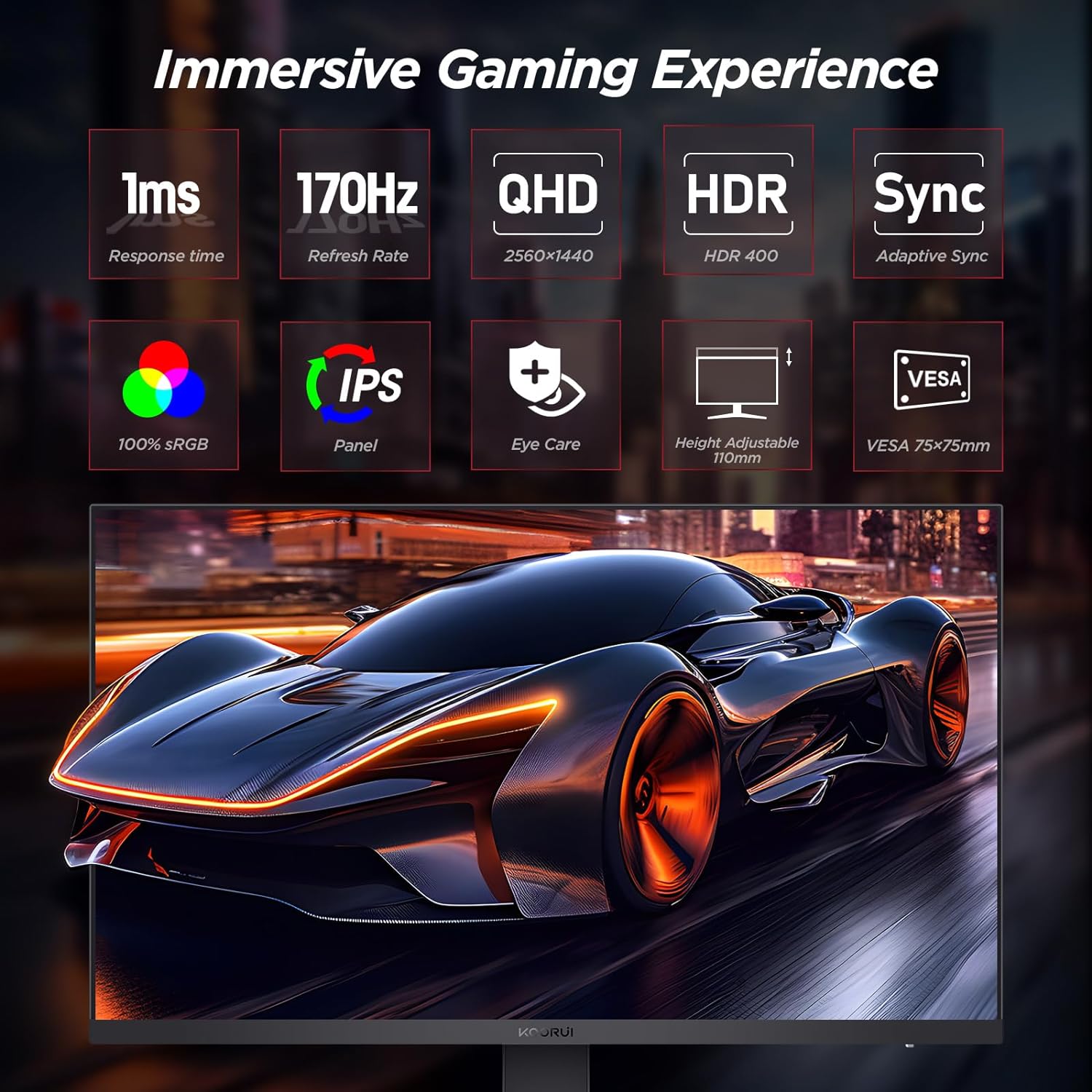 KOORUI Gaming Monitor 27 Inches, 170Hz, 1ms, 2K QHD (2560 x 1440), IPS, HDR 400, Adaptive Sync, 2xHDMI, DisplayPort, DCI-P3 90%, Height Adjustable, Eye Care, VESA 75 x 75