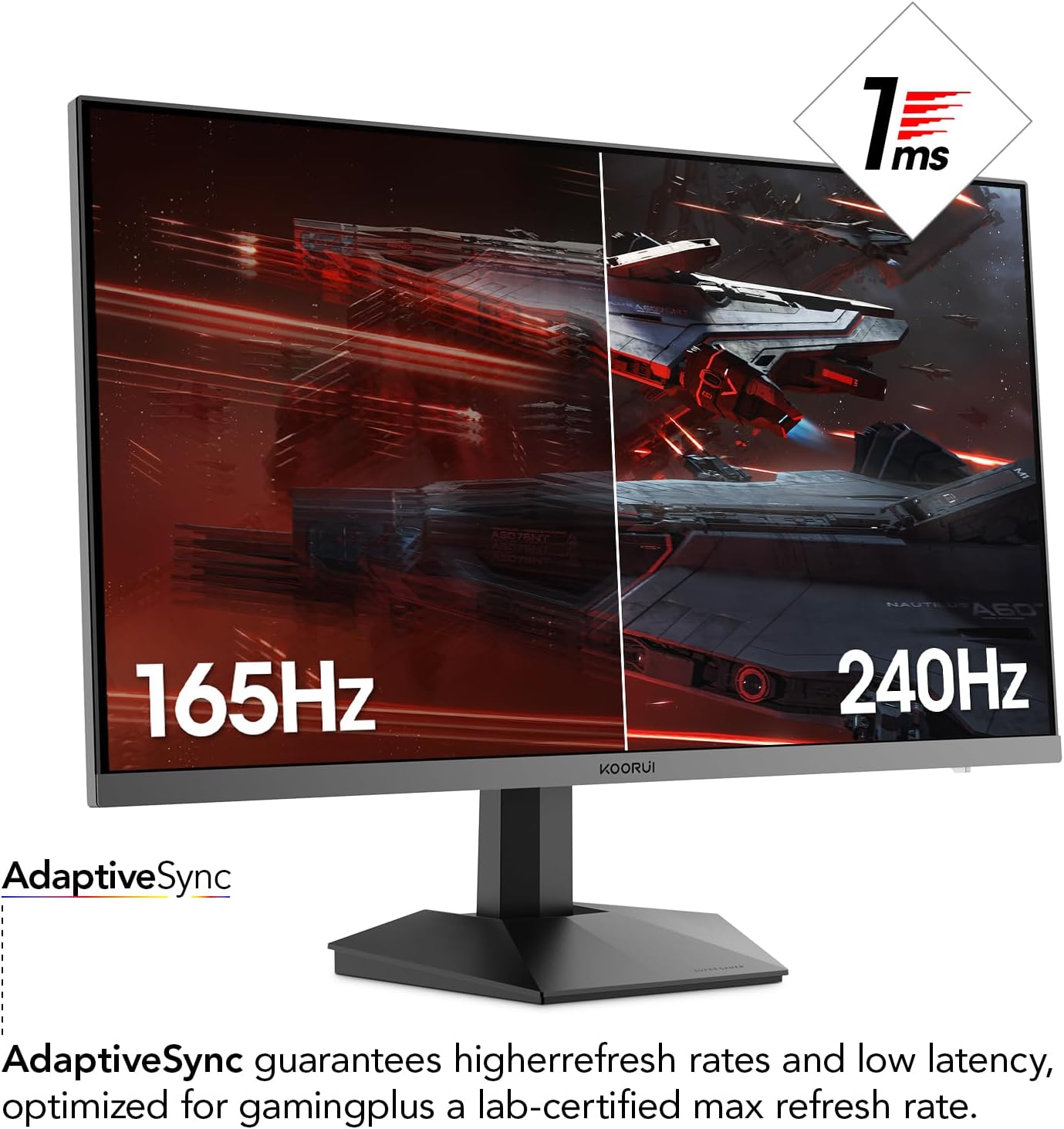 KOORUI 27 Inch Gaming Monitor, 2K QHD (2560 x 1440), 240 Hz, 1ms, Adaptive Sync, HDMI, DisplayPort, DCI-P3 90%, HDR10, 100% SRGB, VESA 75 x 75 mm, Black