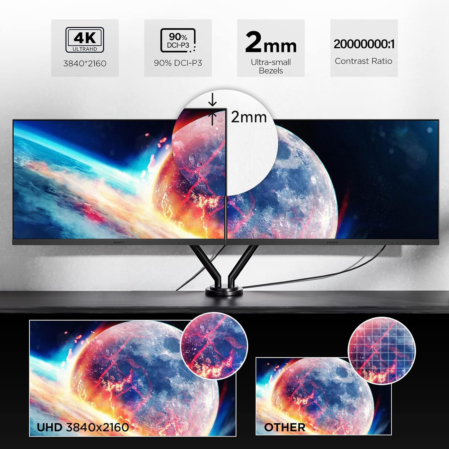KOORUI Monitor 27 Inches, 4K PC Screen UHD (3840 x 2160), IPS, 4ms, 60Hz, 2X HDMI 2.0 & DisplayPort 1.4, Adpitive Sync, HDR10, VESA 100 x 100 mm, 90% DCI-P3, Eye Care, Black