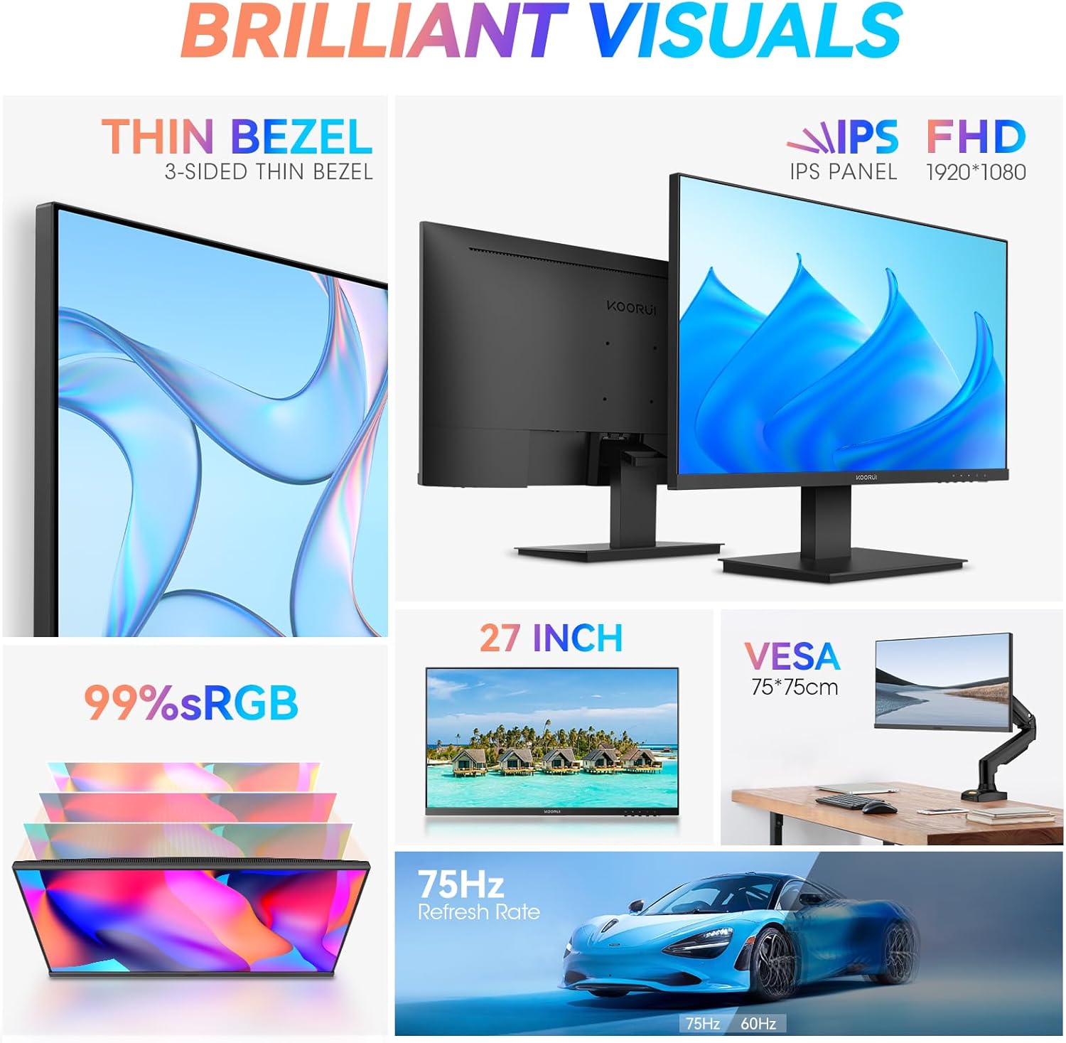 KOORUI 27 Inch Monitor, Full HD 1080P 75Hz Computer Monitor, IPS Display, HDMI, VGA, 5ms Response Time, 75 x 75 mm VESA Mountable, Frameless, Ergonomic Tilt, Black
