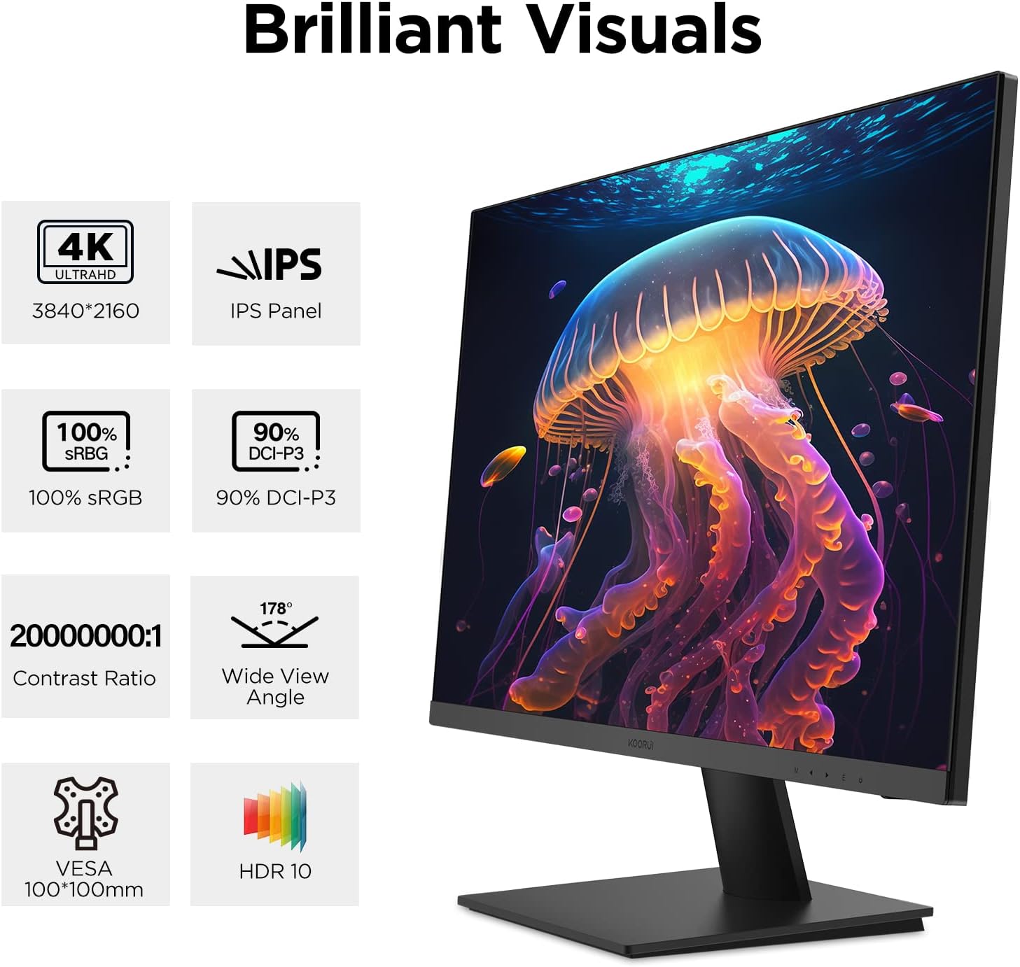 KOORUI Monitor 27 Inches, 4K PC Screen UHD (3840 x 2160), IPS, 4ms, 60Hz, 2X HDMI 2.0 & DisplayPort 1.4, Adpitive Sync, HDR10, VESA 100 x 100 mm, 90% DCI-P3, Eye Care, Black