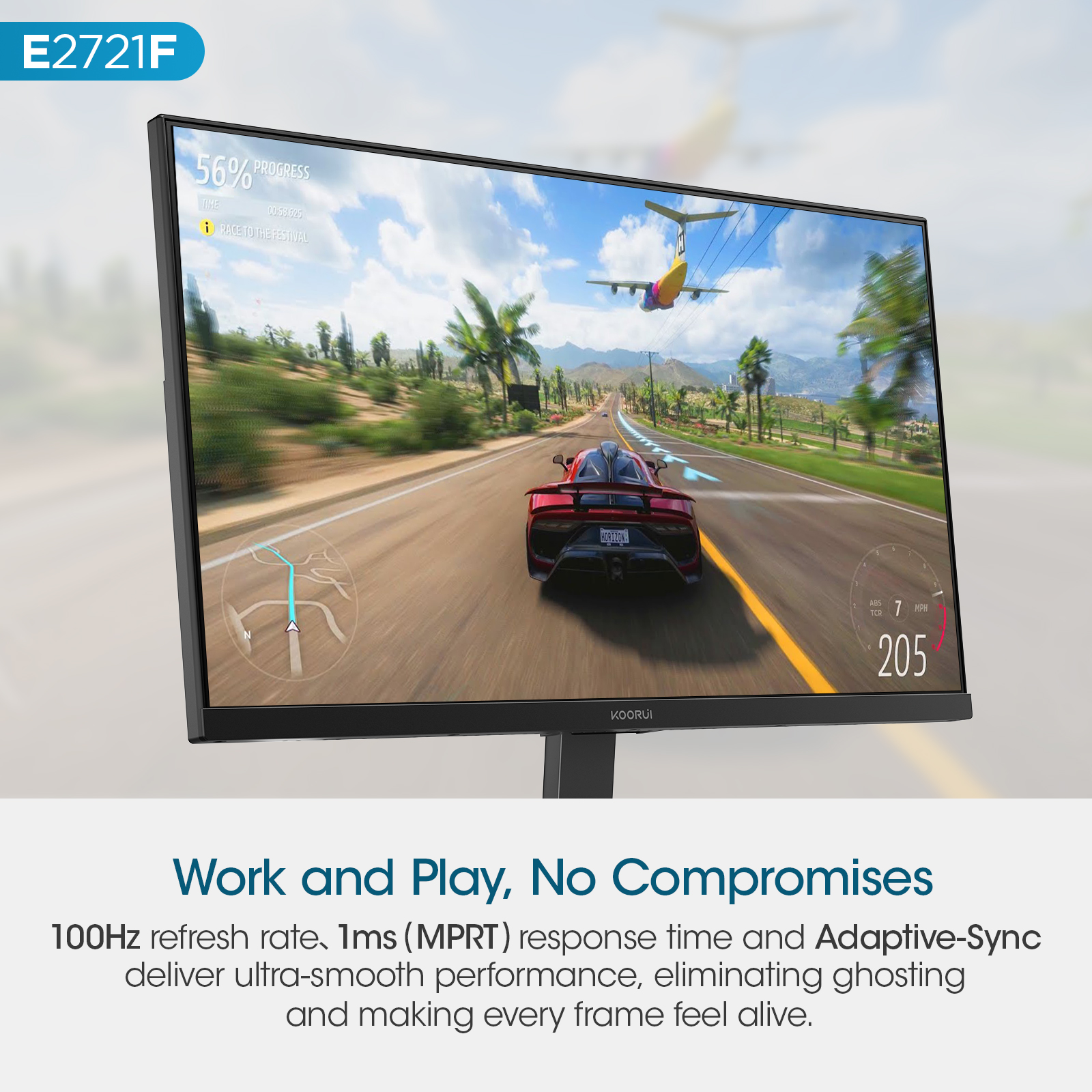 KOORUI E2721F 27 Inch QHD Monitor, Gaming 100Hz, IPS Computer Monitors, 2K 1440P Pc Screen, Adaptive Sync, 1ms MPRT, VESA 100x100mm, Eye Care, HDMI, DisplayPort