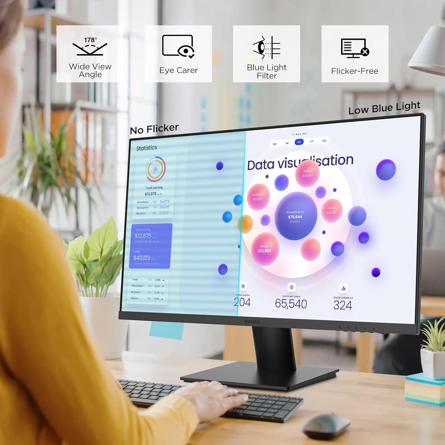 KOORUI Monitor 27 Inches, 4K PC Screen UHD (3840 x 2160), IPS, 4ms, 60Hz, 2X HDMI 2.0 & DisplayPort 1.4, Adpitive Sync, HDR10, VESA 100 x 100 mm, 90% DCI-P3, Eye Care, Black