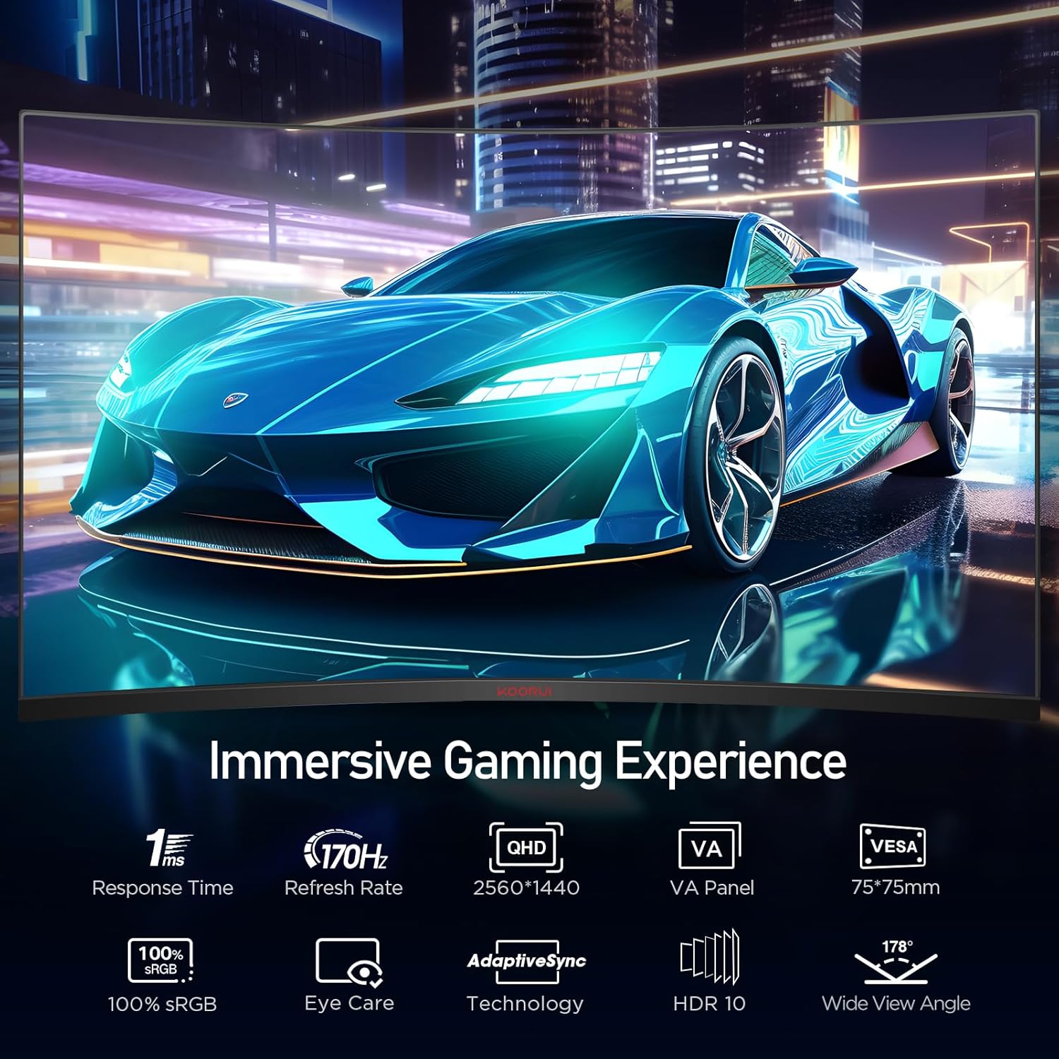 KOORUI 32 Inch Curved Ultrawide Gaming Monitor, 2K QHD (2560x1440), 170Hz, 1ms, 1500R, VA, HDR 10, 2xHDMI (170Hz or 144Hz), DP (170Hz), AdaptiveSync, DCI-P3 90%, SRGB100%, VESA 75x75mm, Eye Care