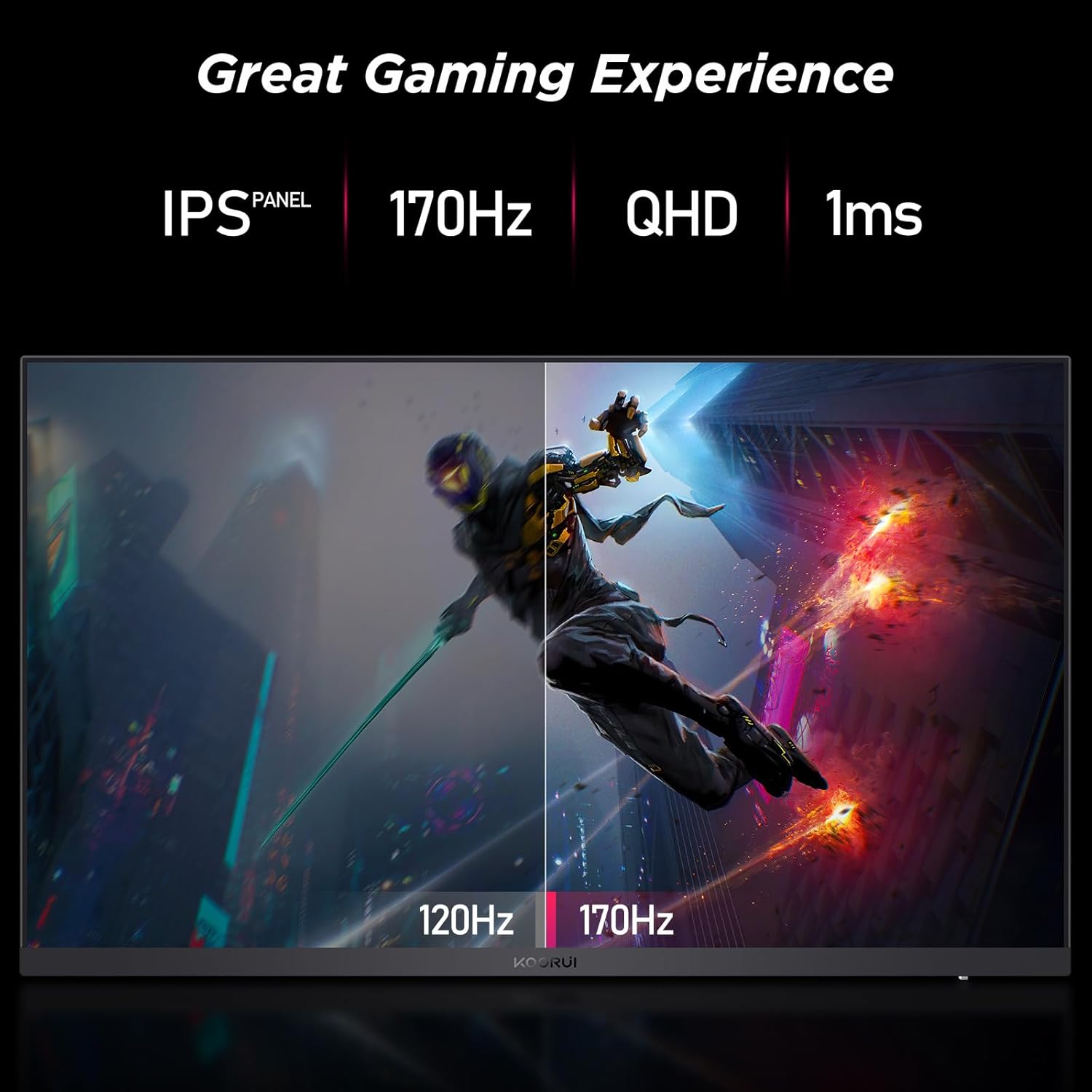 KOORUI Gaming Monitor 27 Inches, 170Hz, 1ms, 2K QHD (2560 x 1440), IPS, HDR 400, Adaptive Sync, 2xHDMI, DisplayPort, DCI-P3 90%, Height Adjustable, Eye Care, VESA 75 x 75