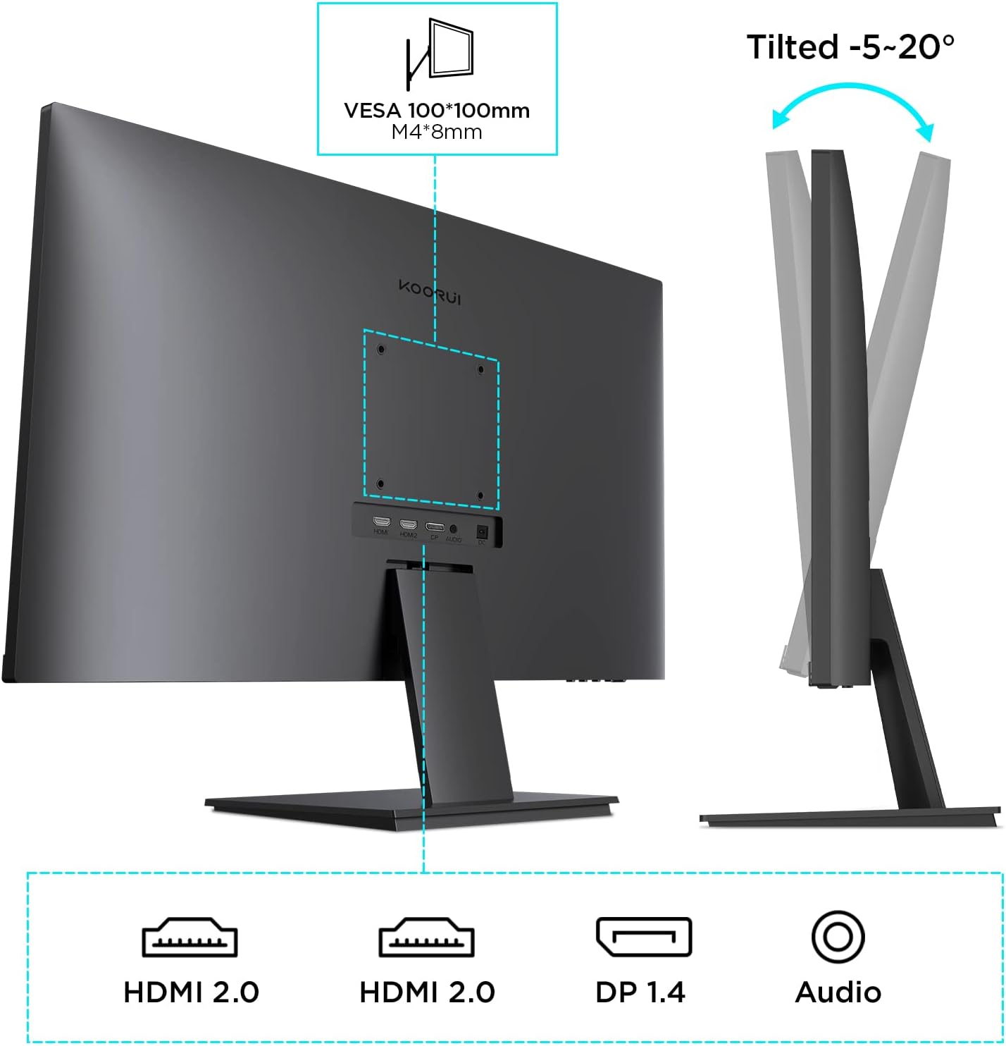 KOORUI Monitor 27 Inches, 4K PC Screen UHD (3840 x 2160), IPS, 4ms, 60Hz, 2X HDMI 2.0 & DisplayPort 1.4, Adpitive Sync, HDR10, VESA 100 x 100 mm, 90% DCI-P3, Eye Care, Black