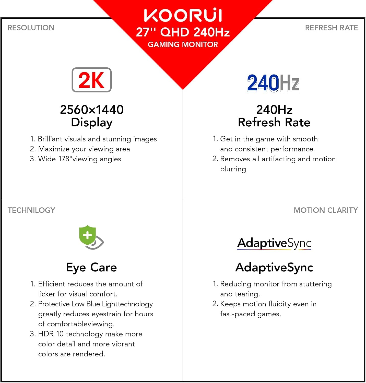 KOORUI 27 Inch Gaming Monitor, 2K QHD (2560 x 1440), 240 Hz, 1ms, Adaptive Sync, HDMI, DisplayPort, DCI-P3 90%, HDR10, 100% SRGB, VESA 75 x 75 mm, Black