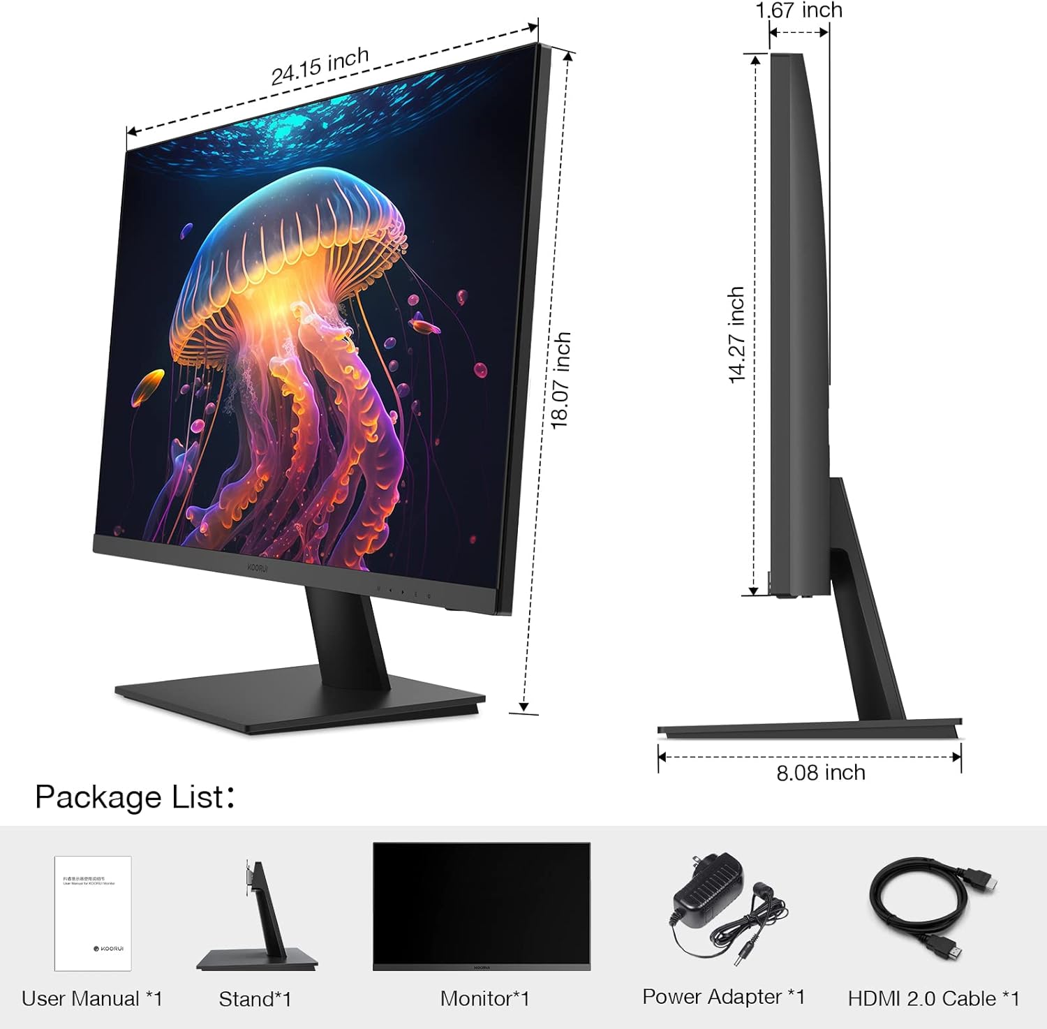 KOORUI Monitor 27 Inches, 4K PC Screen UHD (3840 x 2160), IPS, 4ms, 60Hz, 2X HDMI 2.0 & DisplayPort 1.4, Adpitive Sync, HDR10, VESA 100 x 100 mm, 90% DCI-P3, Eye Care, Black