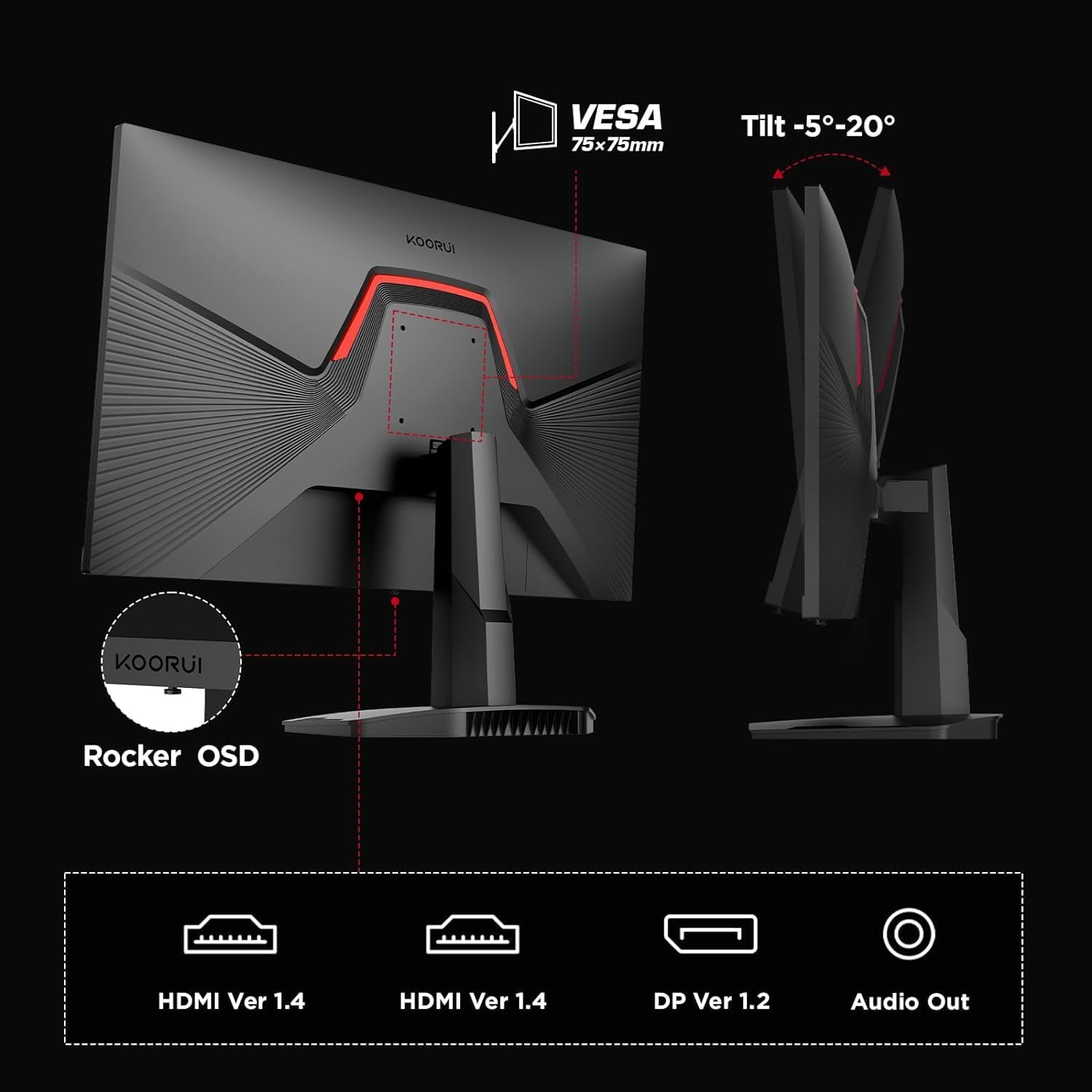 KOORUI Gaming Monitor 25-inch, 180Hz FHD 1080p Computer Monitor, 1ms GTG, Adaptive G-Sync, FreeSync Premium, 3 Sides Frameless, HDMI x 2, DisplayPort, Black