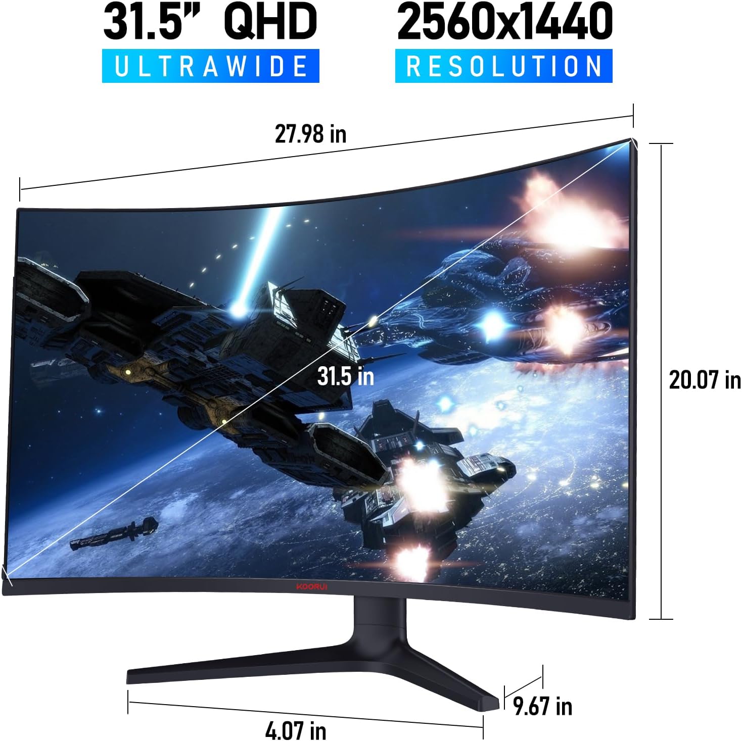 KOORUI 32 Inch Curved Ultrawide Gaming Monitor, 2K QHD (2560x1440), 170Hz, 1ms, 1500R, VA, HDR 10, 2xHDMI (170Hz or 144Hz), DP (170Hz), AdaptiveSync, DCI-P3 90%, SRGB100%, VESA 75x75mm, Eye Care