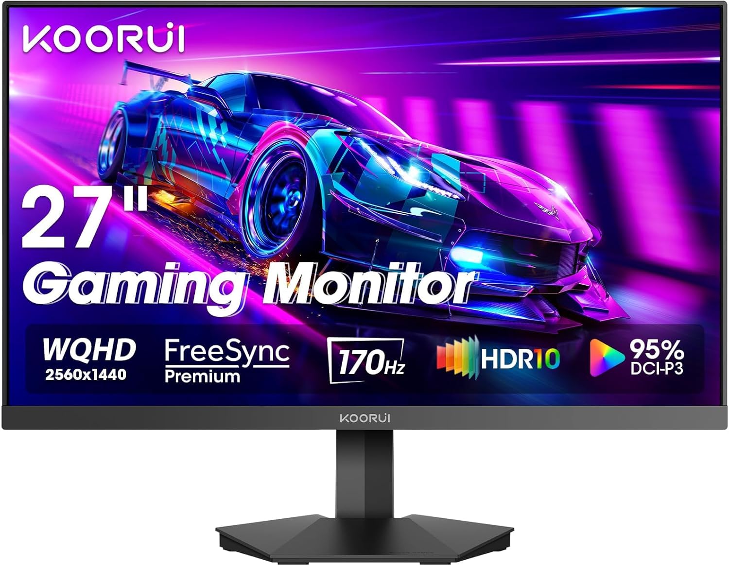 KOORUI 27” WQHD (2560 x 1440p) Gaming Monitor 170Hz 144Hz, 1ms IPS, HDR 10, DCI-P3 95% Color Gamut, Adaptive G-Sync, FreeSync Premium, HDMI x 2, DisplayPort, Black (GN07)
