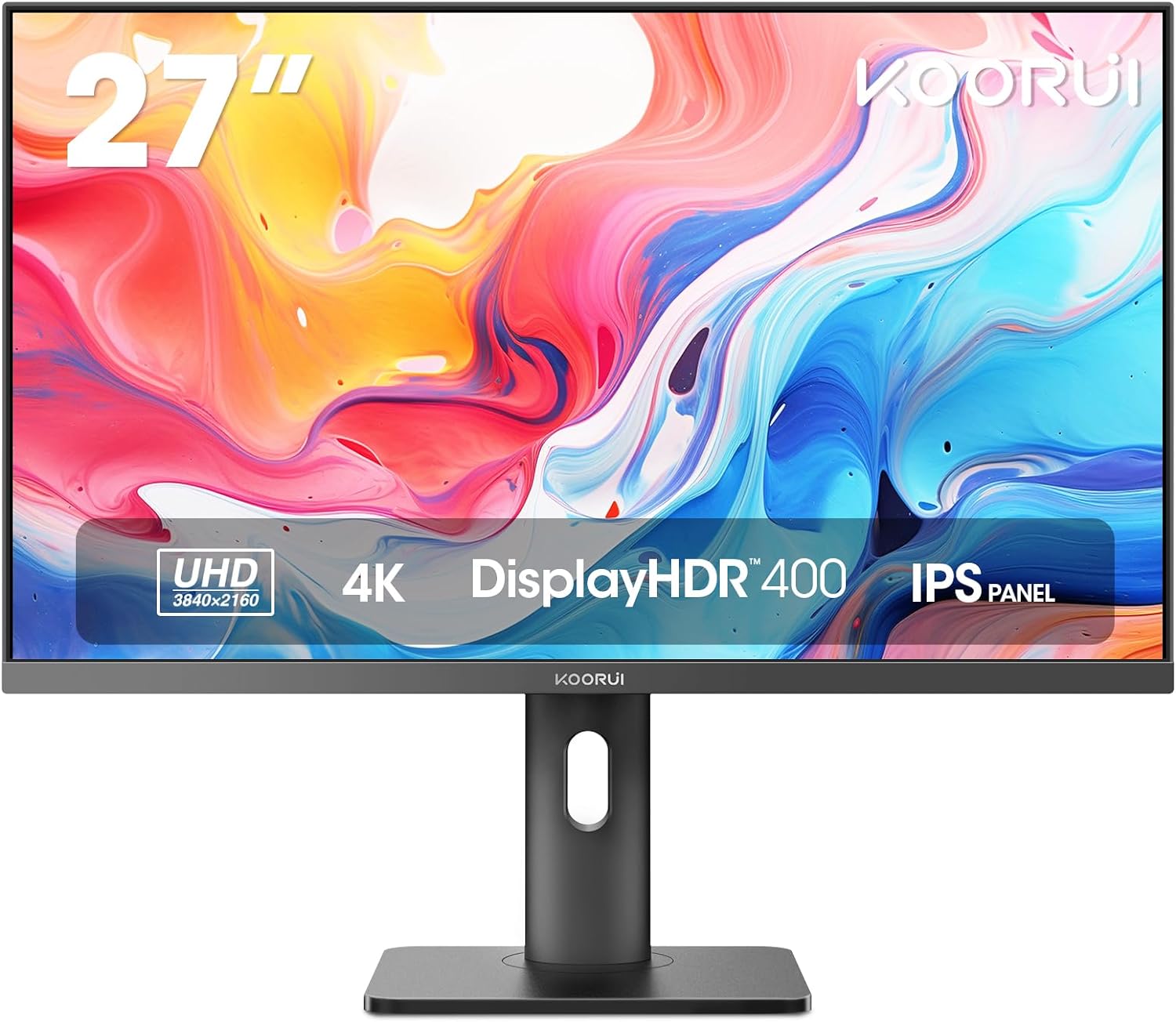 KOORUI 27N7U 27 inch 4K Monitor, UHD (3840 x 2160p) IPS Display, HDR 400, DCI-P3 95%, 1.07 Billion Colors, USB-C, HDMI, DisplayPort, Tilt Vertical Swivel Height Adjustable, VESA compatible, Black
