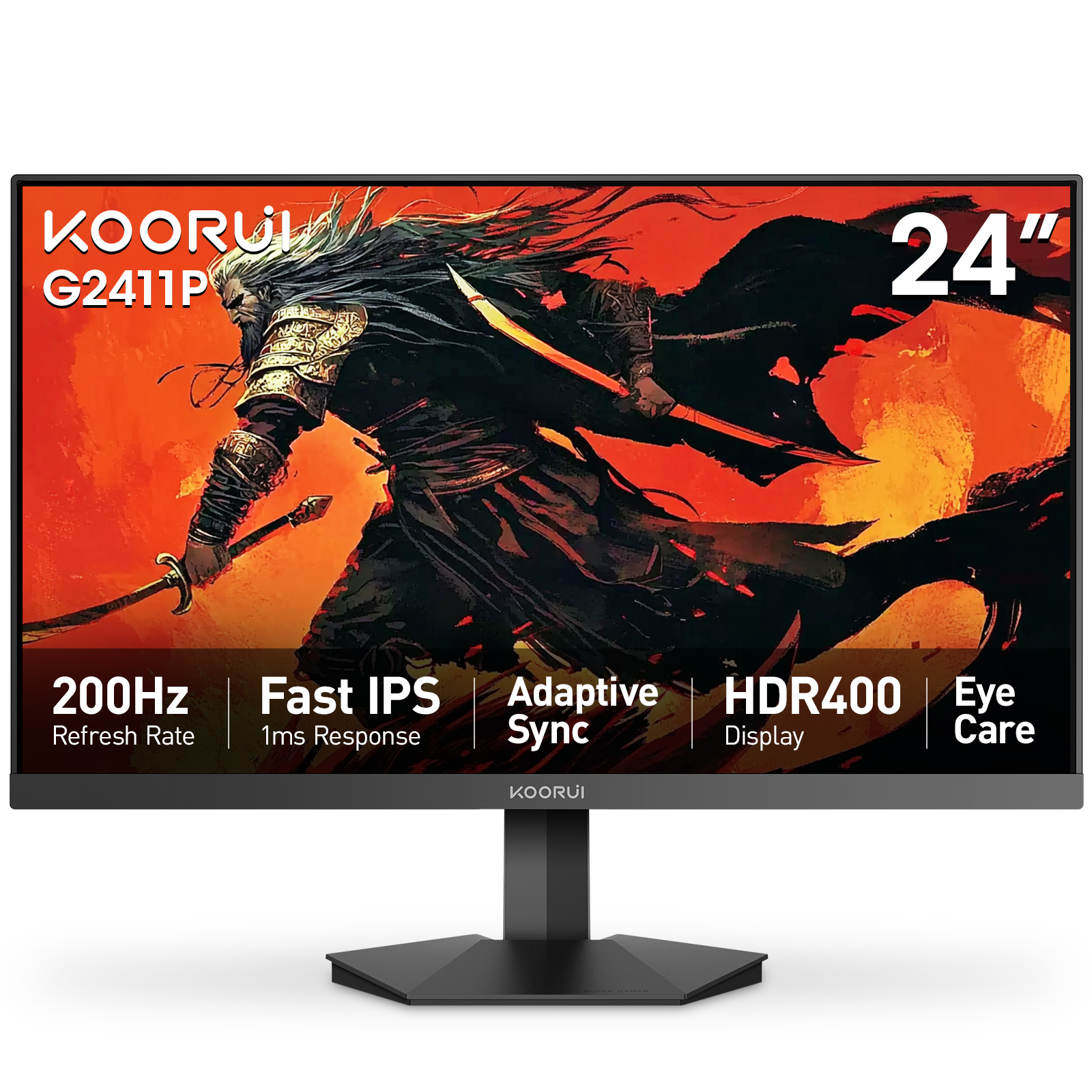 KOORUI Gaming Monitor, 24" Fast IPS Computer Monitor, 200Hz FHD HDR400 Display, 1ms PC Screen, 90% DCI-P3 Color Gamut, Adaptive Sync, Ultra Slim Frame, VESA Mountable, HDMI 2.0, DisplayPort 1.4