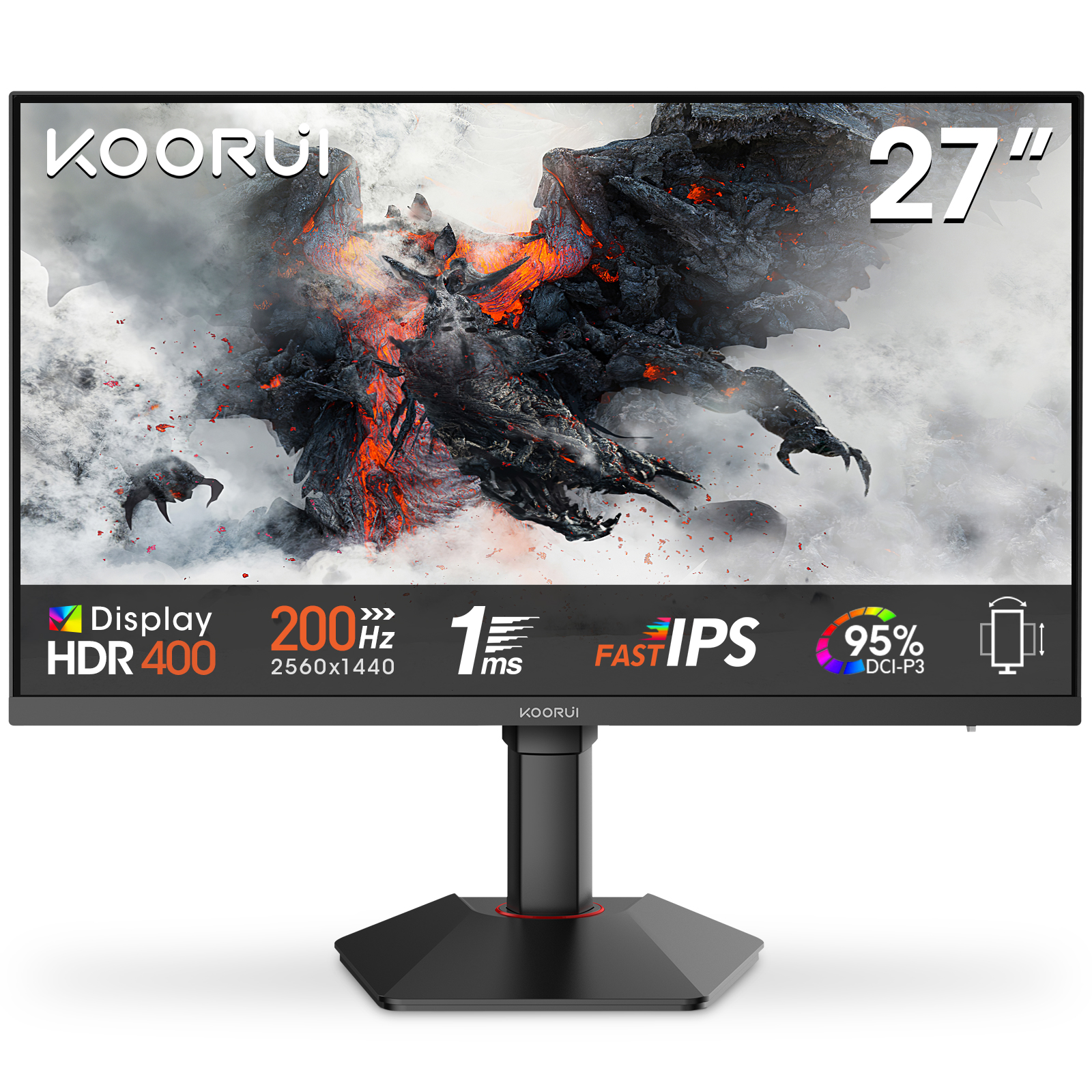 KOORUI G2722P 27 Inch Gaming Monitor,200Hz, Fast IPS, QHD 1440P, 1ms, Adaptive Sync, Lifting Adjustable, VESA Mountable, HDMI/DP, Low Blue Light, 99% SRGB