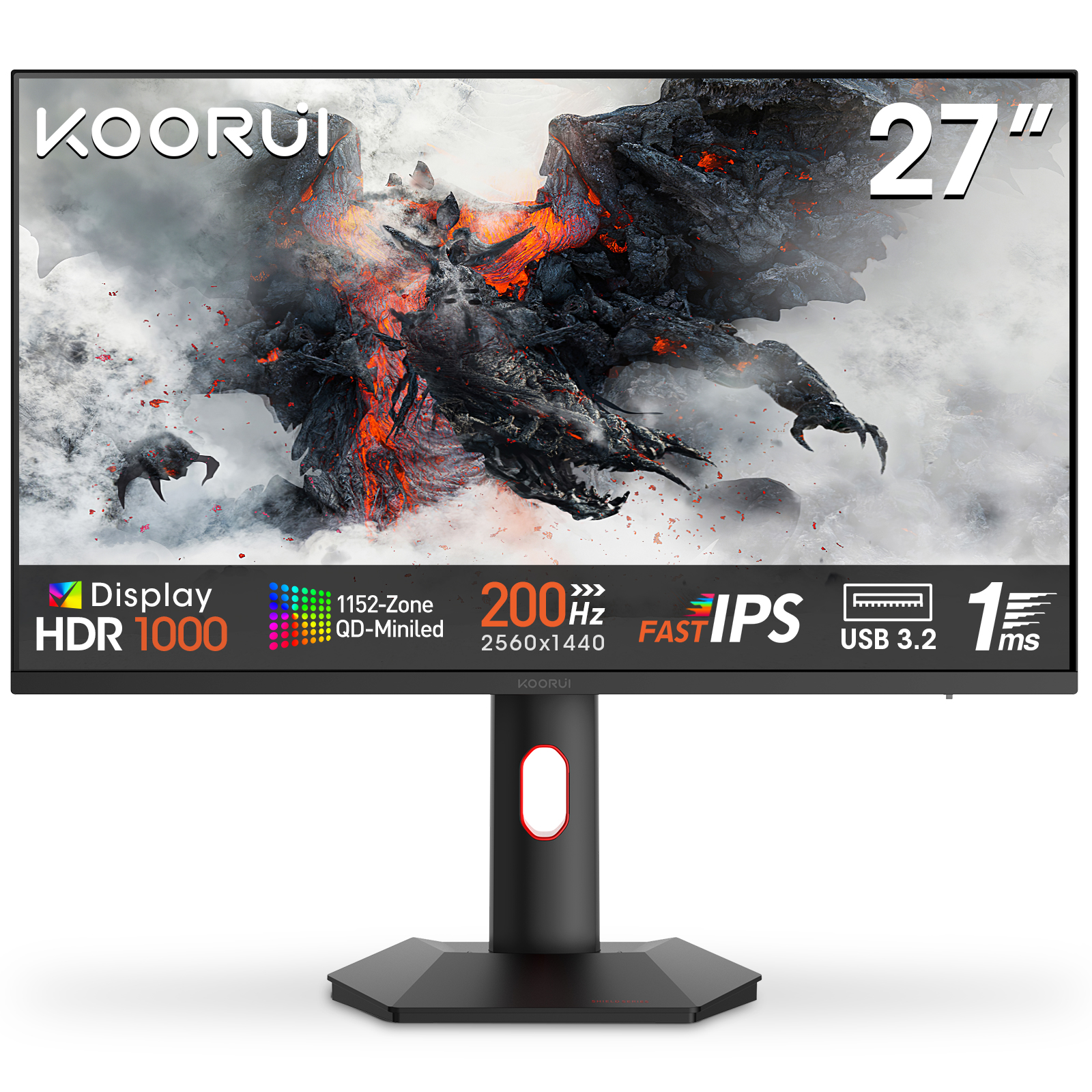 KOORUI S2721PM 27 Inch Gaming Monitor,200Hz, Mini-Led, QHD 1440P, 1ms, HDR 1000, Adaptive Sync, Lifting Adjustable, VESA Mountable, HDMI/DP, Low Blue Light, 99% SRGB