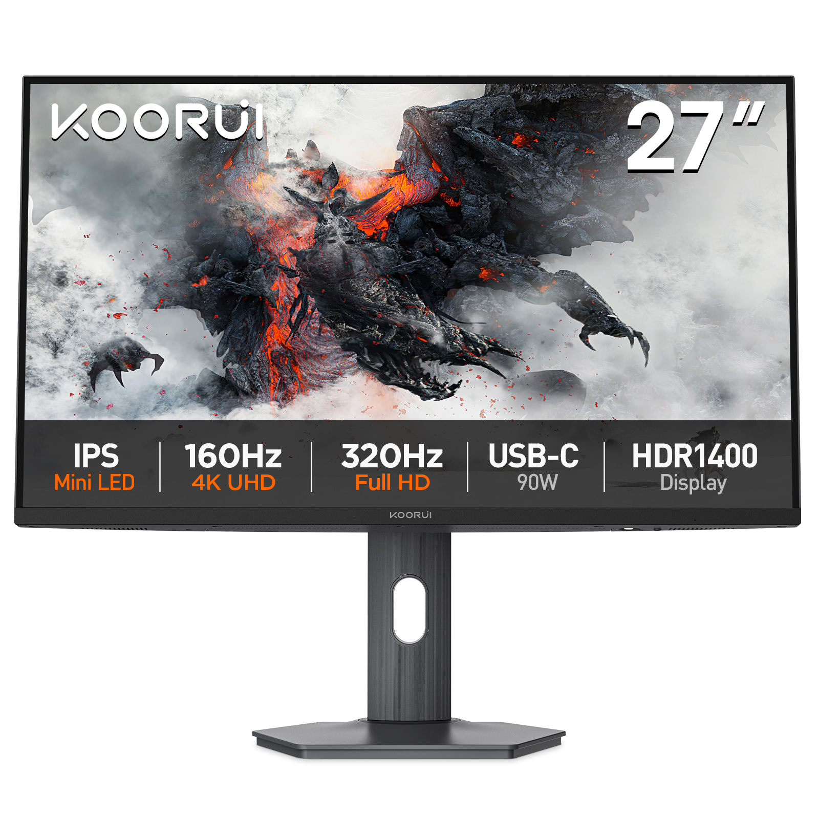 KOORUI S2741LM 27 Inch 4K Gaming Monitor, 160Hz+UHD/320Hz+FHD, Mini-Led IPS, 1ms, HDR 1400, Adaptive Sync, Lifting Adjustable, VESA Mountable, USB-C/HDMI/DP, 99% SRGB