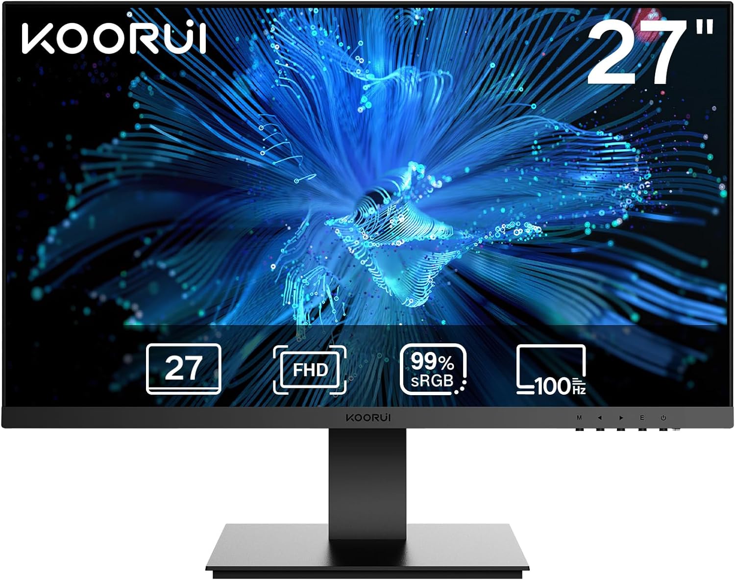 KOORUI 27 Inch Full HD (1920 x 1080) Monitor, 100HZ, Built-in Speakers, Ultra-Slim Bezels, 75 x 75 mm VESA Mountable, Adjustable Tilt, HDMI, VGA, Black