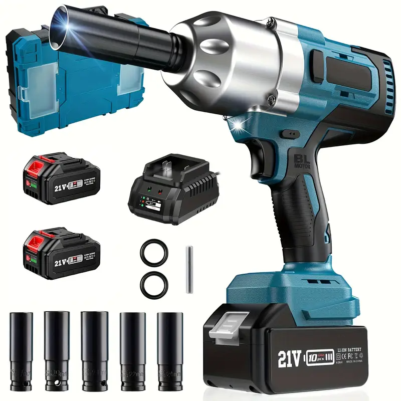 lektromos ütőkulcs akkumulátorral 1300 Nm, 8000 mAh, 1/2 hüvelykes forgó fejjel autógumi cseréhez és kerékanyák lazításához, 3 sebességfokozatú, kefe nélküli motor, 2 akkuval és töltővel ellátva